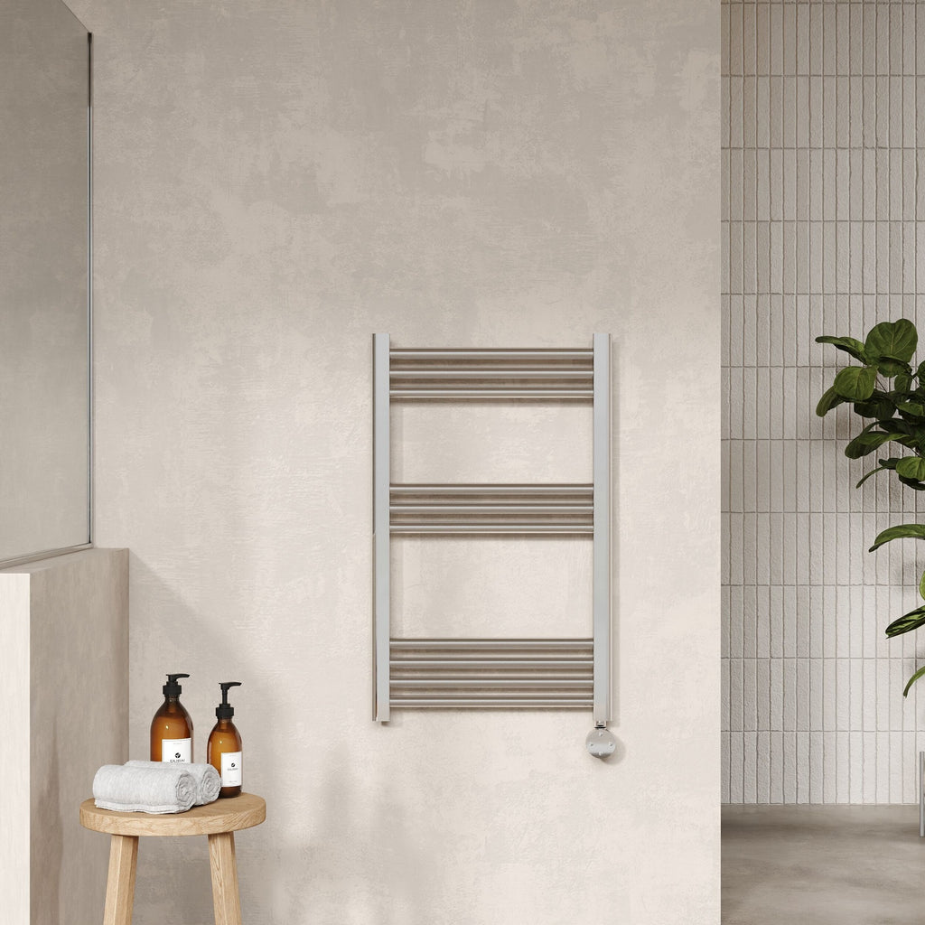 Electric Round Tube Towel Rail 10 Bars 800mm X 500mm Chrome 877 BTU 450 Centres