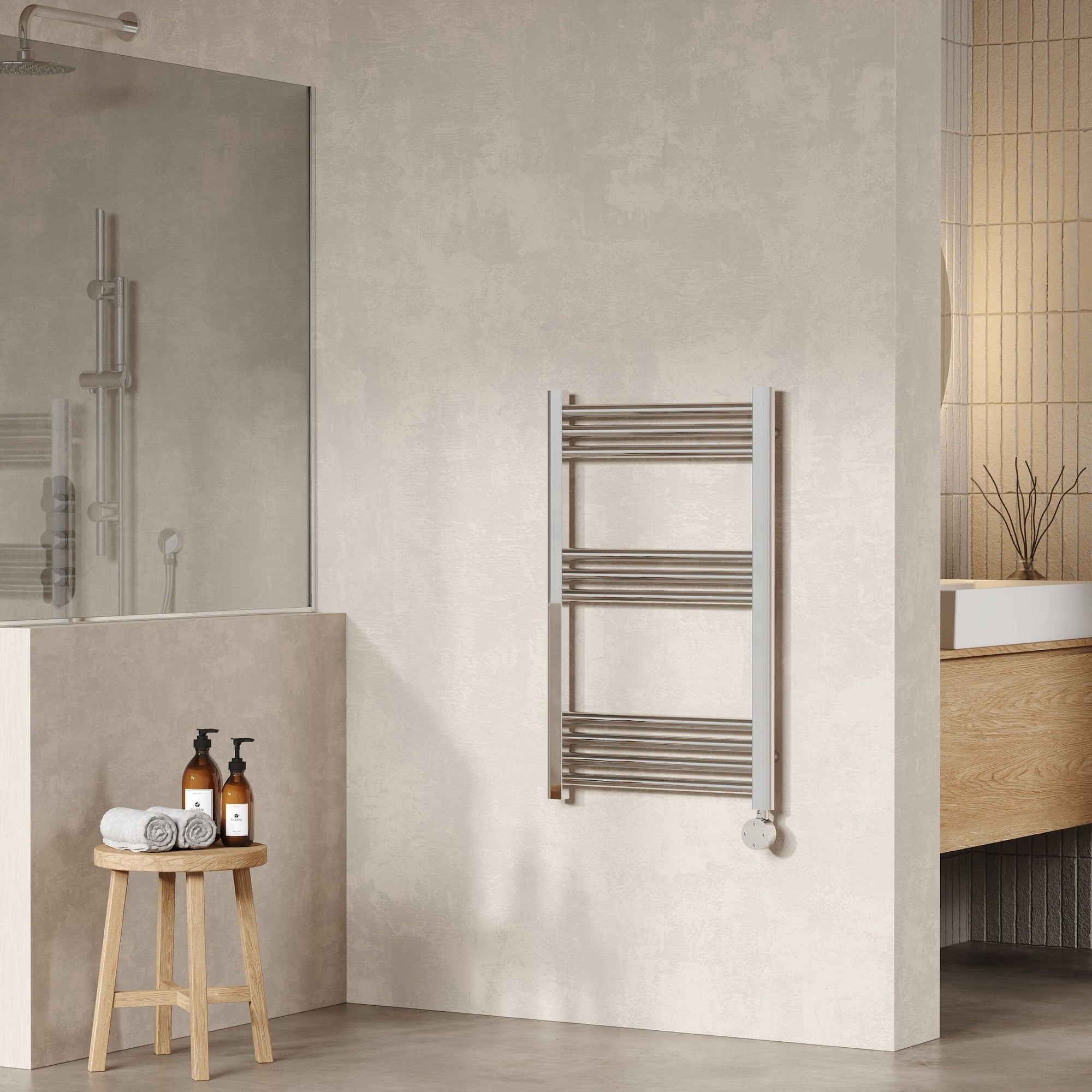 Electric Round Tube Towel Rail 10 Bars 800mm X 500mm Chrome 877 BTU 450 Centres