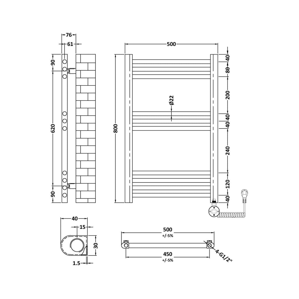 Electric Round Tube Towel Rail 10 Bars 800x500mm Anthracite 1228 BTU 450 PC