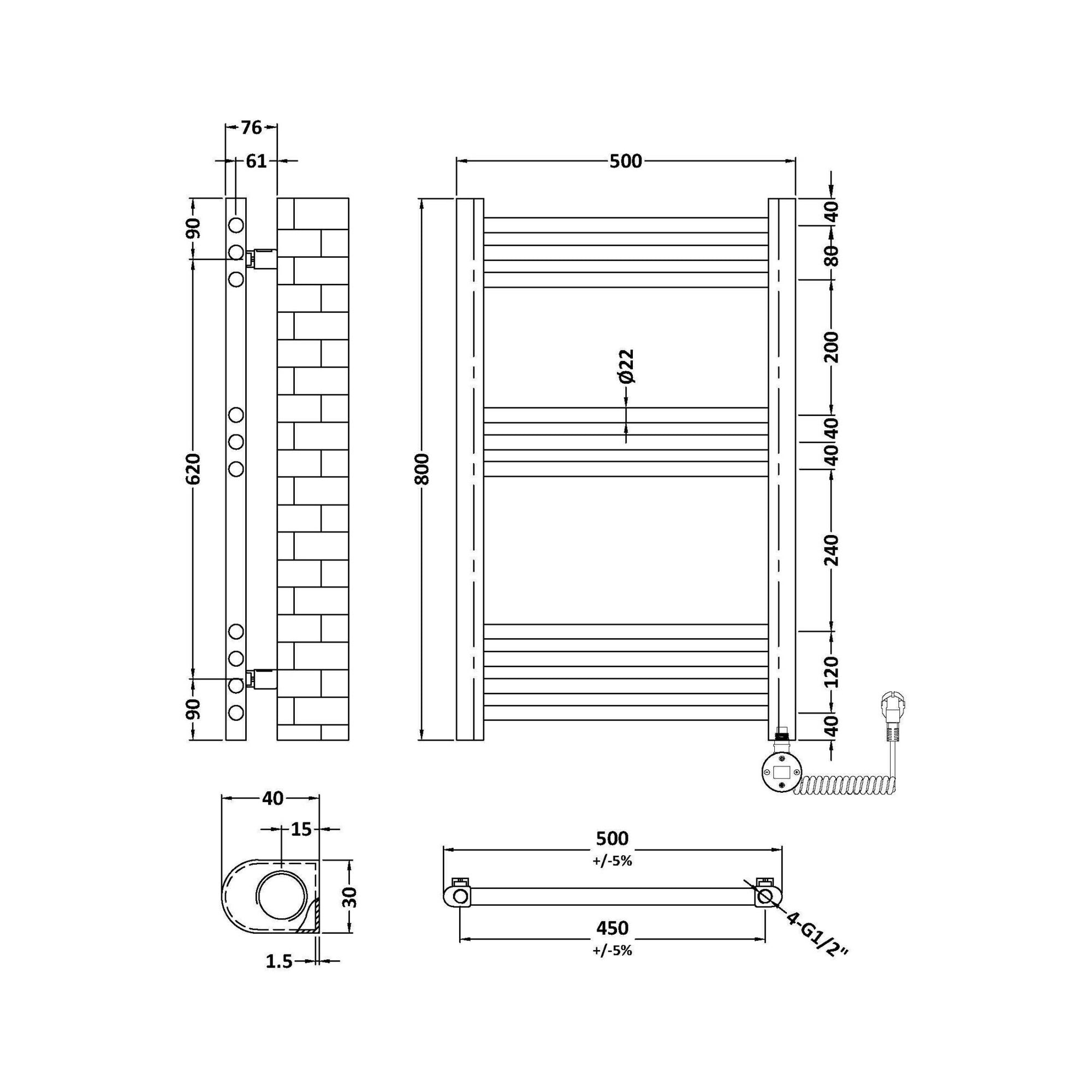 Electric Round Tube Towel Rail 10 Bars 800x500mm Anthracite 1228 BTU 450 PC