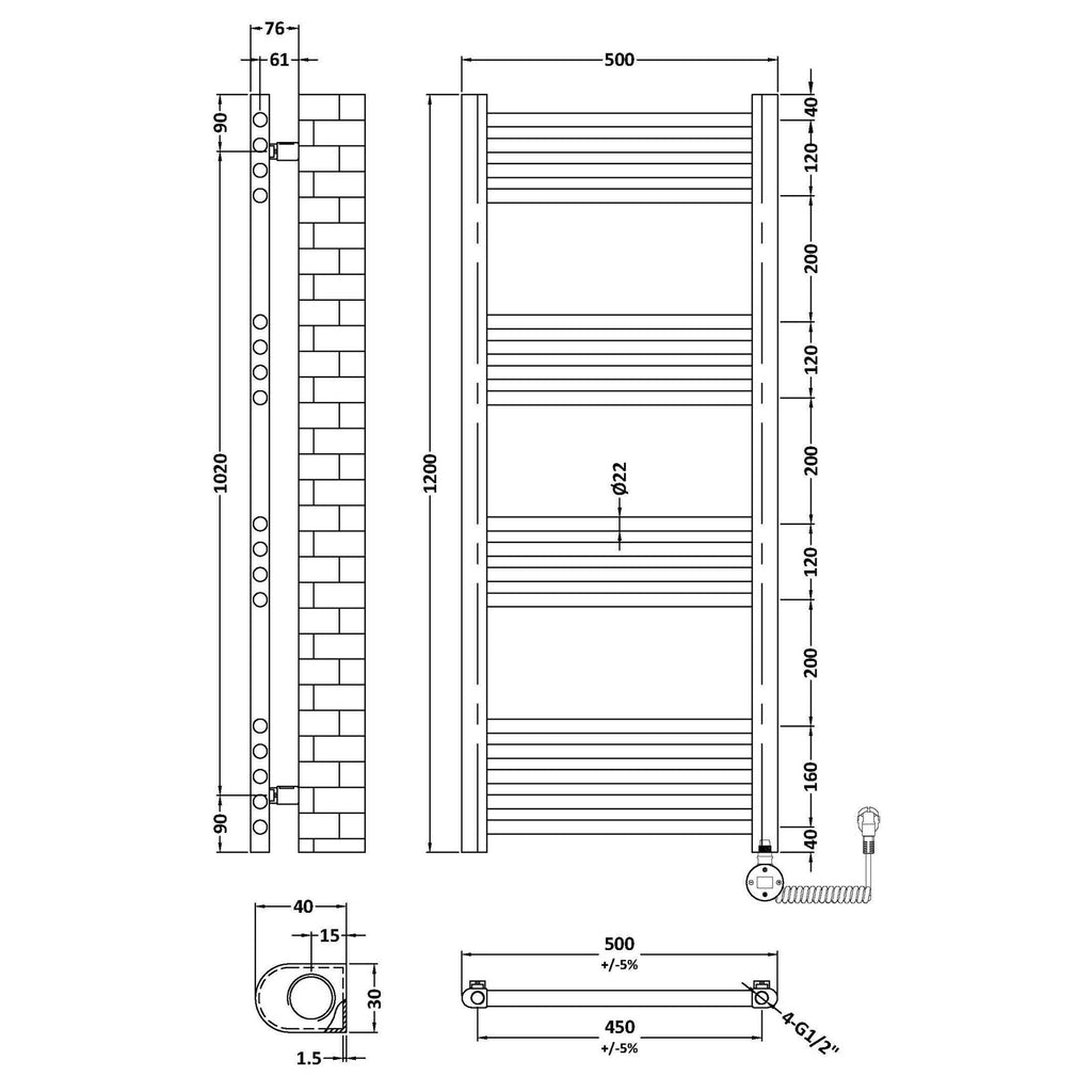 Electric Round Tube Towel Rail 17 Bars 1200x500mm Anthracite 1969 BTU 450 PC