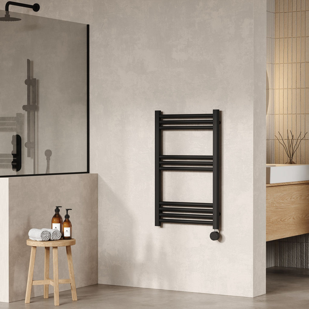 Electric Round Towel Rail 800x500 Matt Black 1228 BTU 450 Centres
