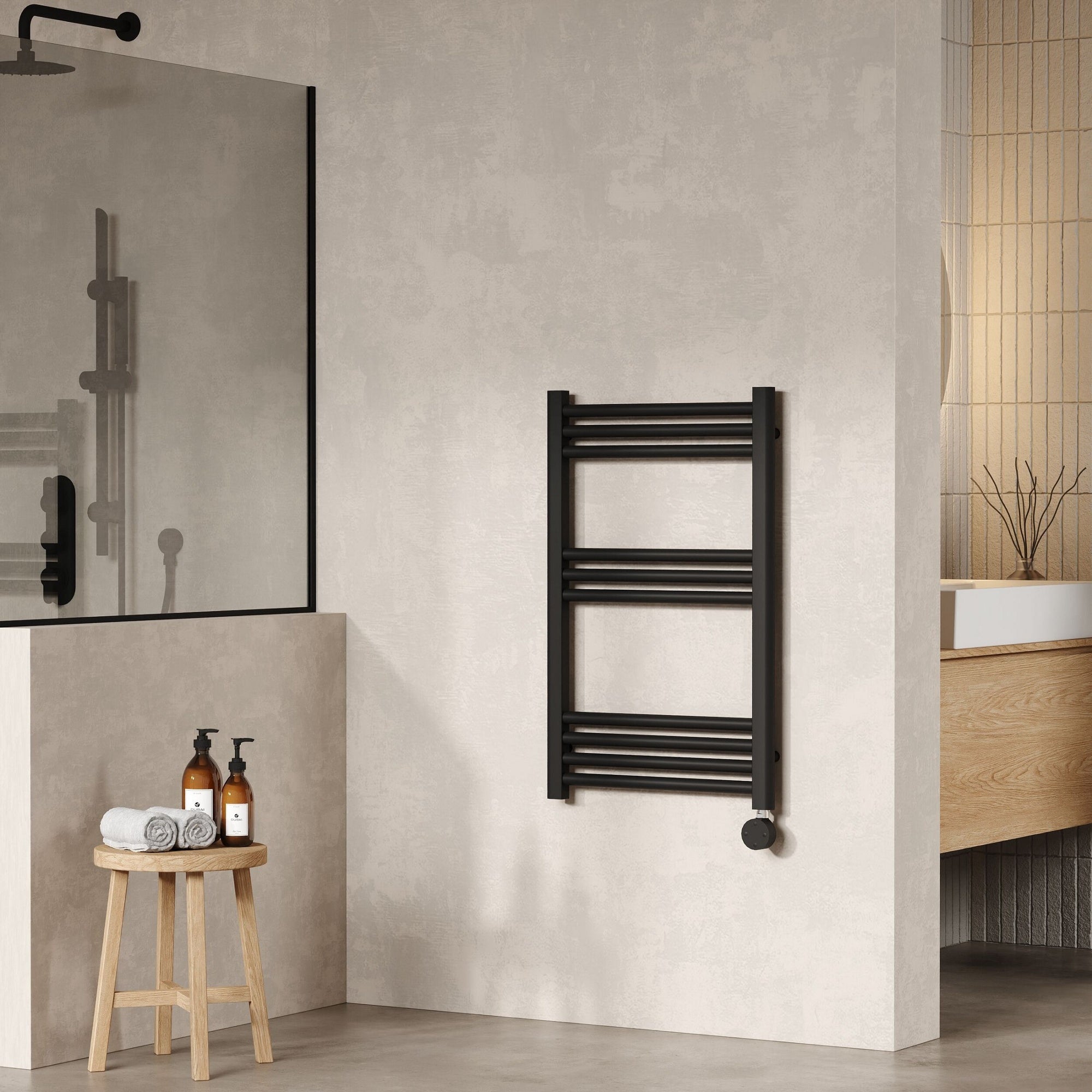 Electric Round Towel Rail 800x500 Matt Black 1228 BTU 450 Centres