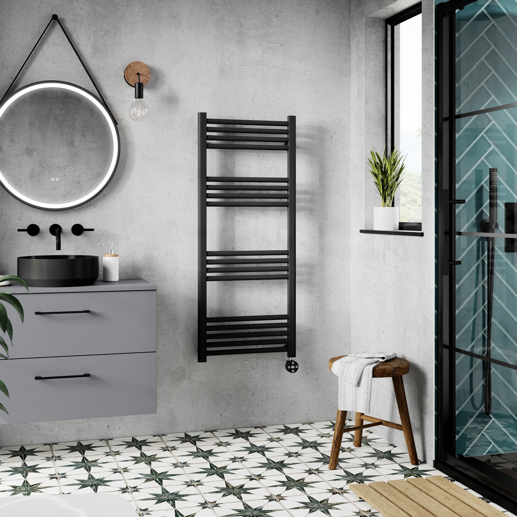 Electric Round Towel Rail 1200x500 Matt Black 1969 BTU 450 Centres