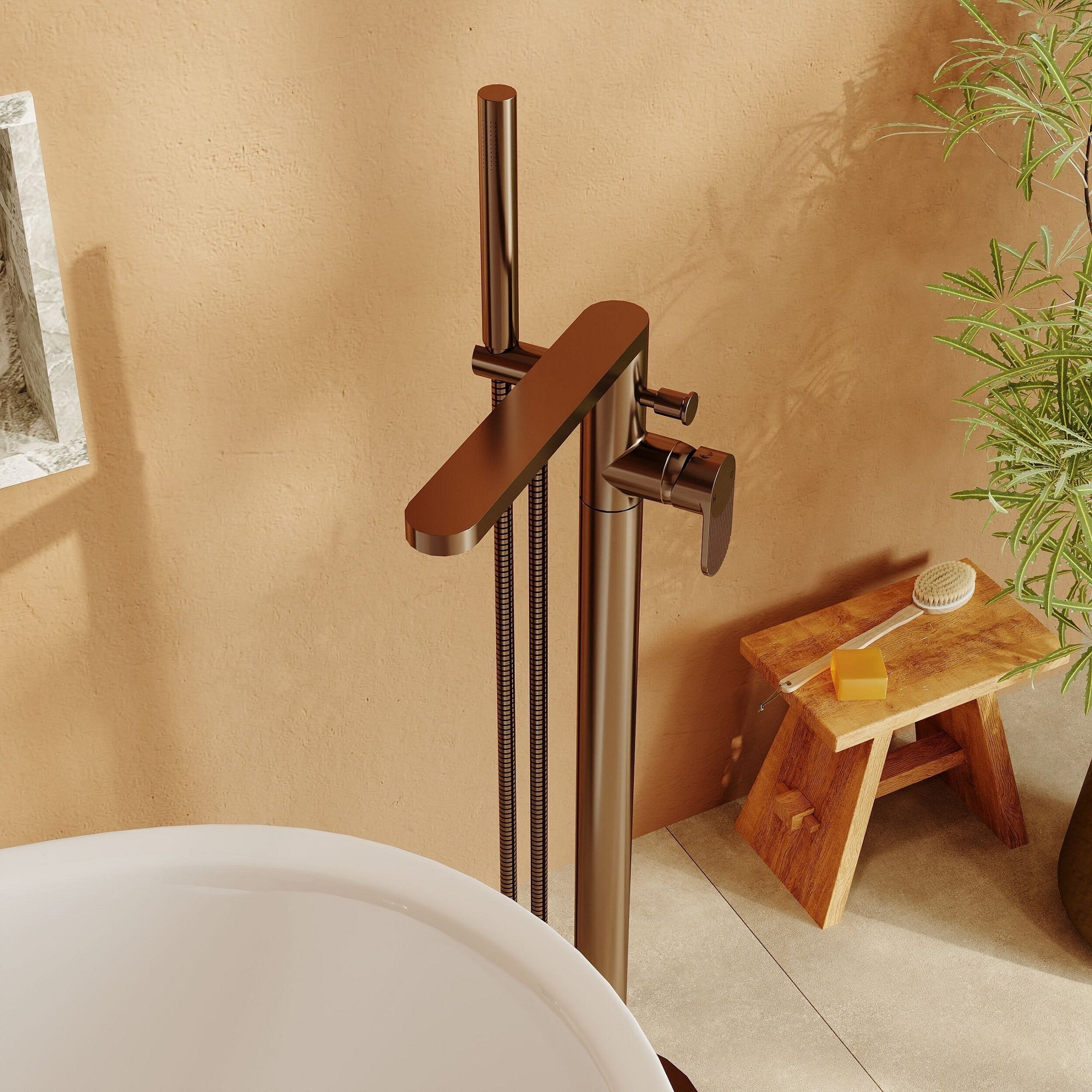 Linea Freestanding Bath Shower Mixer With Kit Brushed Bronze Contemporary 1 Hole