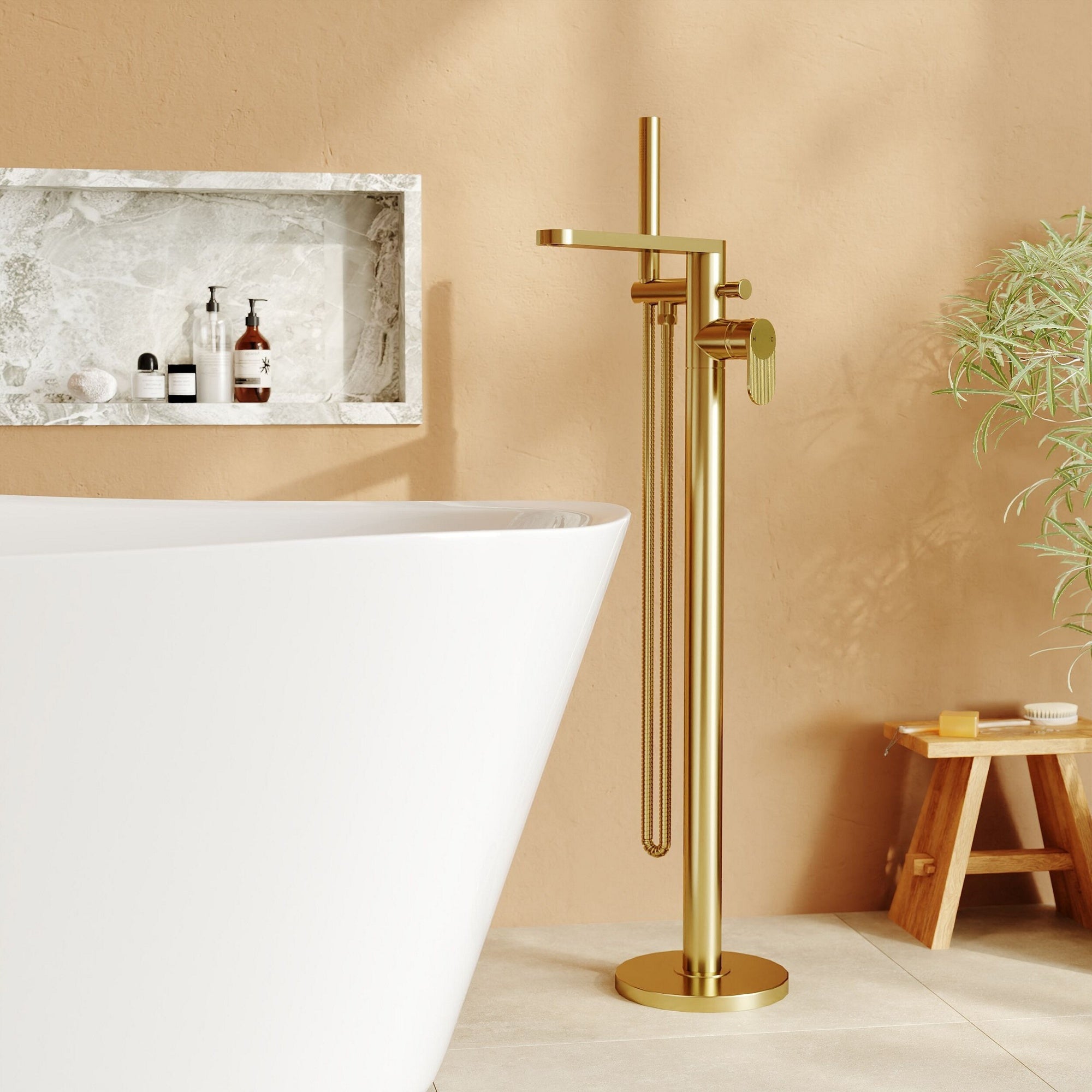 Linea Freestanding Bath Shower Mixer With Kit Brushed Brass Contemporary 1 Hole