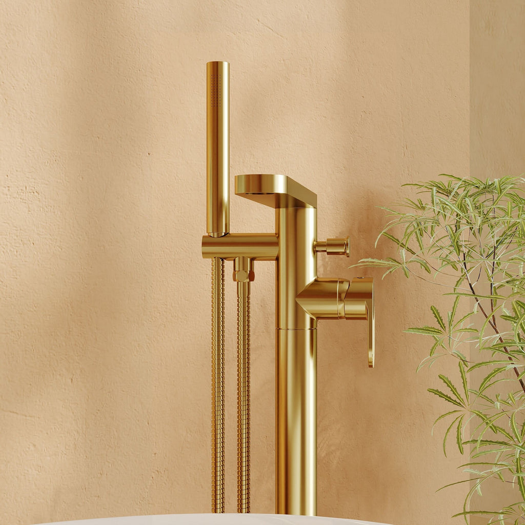 Linea Freestanding Bath Shower Mixer With Kit Brushed Brass Contemporary 1 Hole