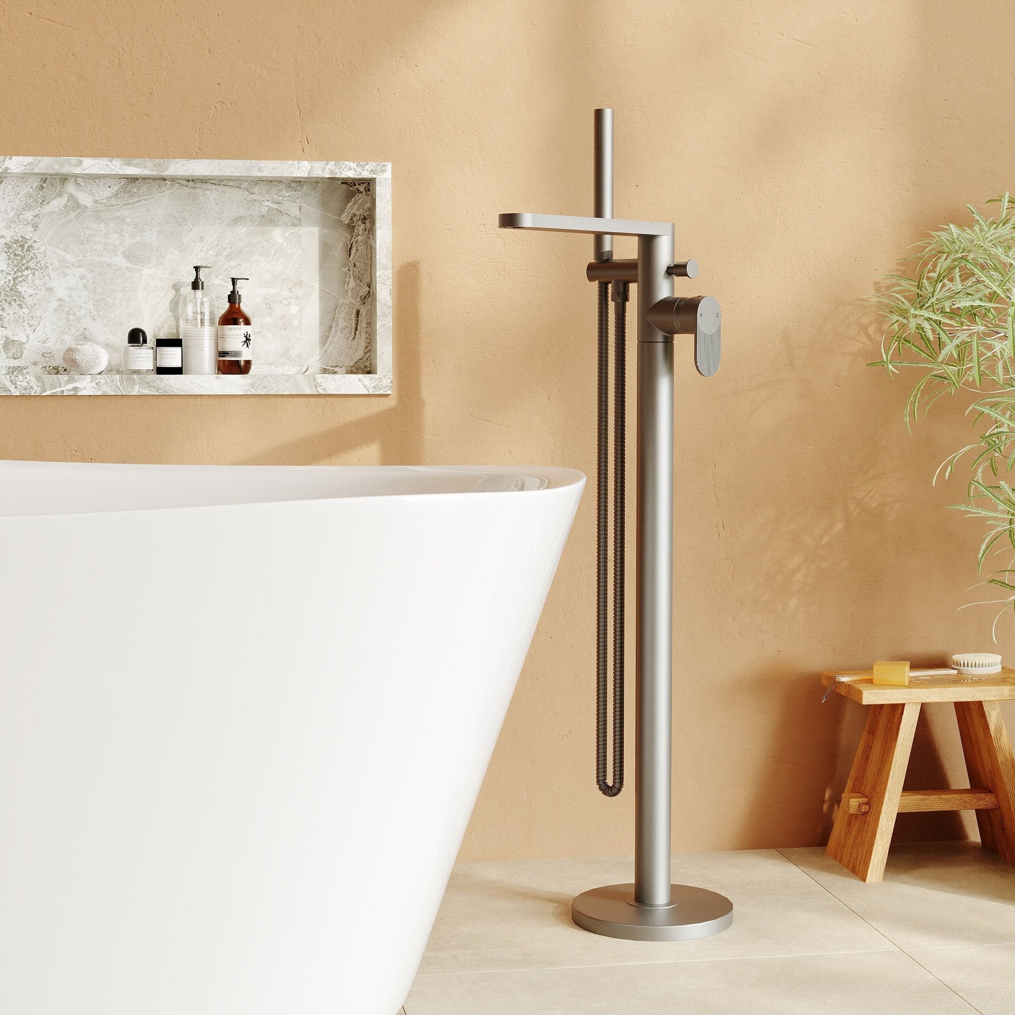 Linea Freestanding Bath Shower Mixer With Kit Brushed Pewter Contemporary 1 Hole