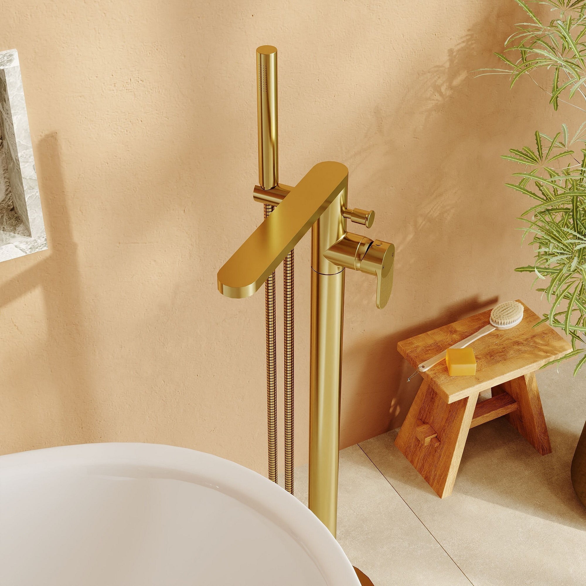 Aurelio Freestanding Bath Shower Mixer With Kit Brushed Brass Contemporary 1 Hole
