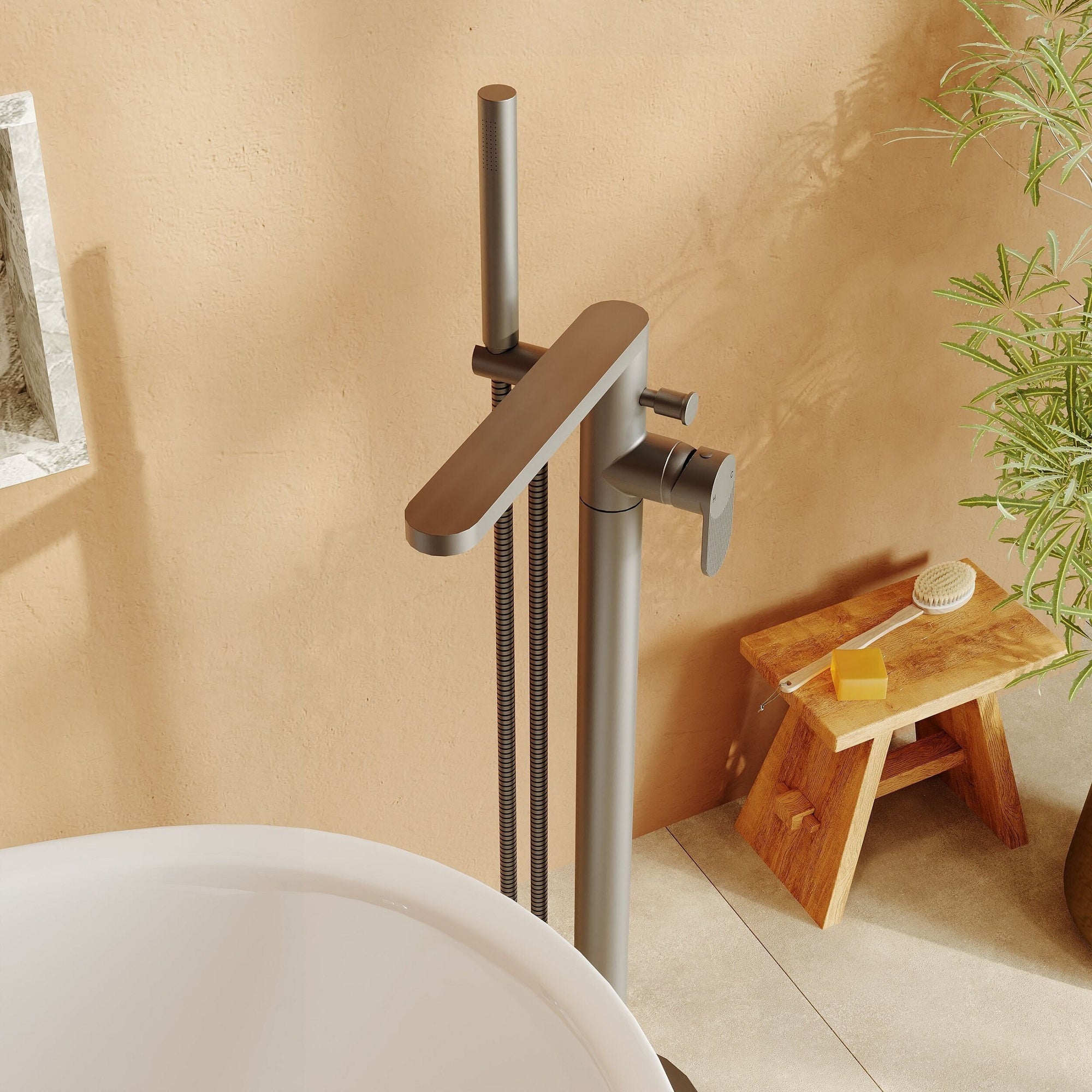 Aurelio Freestanding Bath Shower Mixer With Kit Brushed Pewter Contemporary 1 Hole
