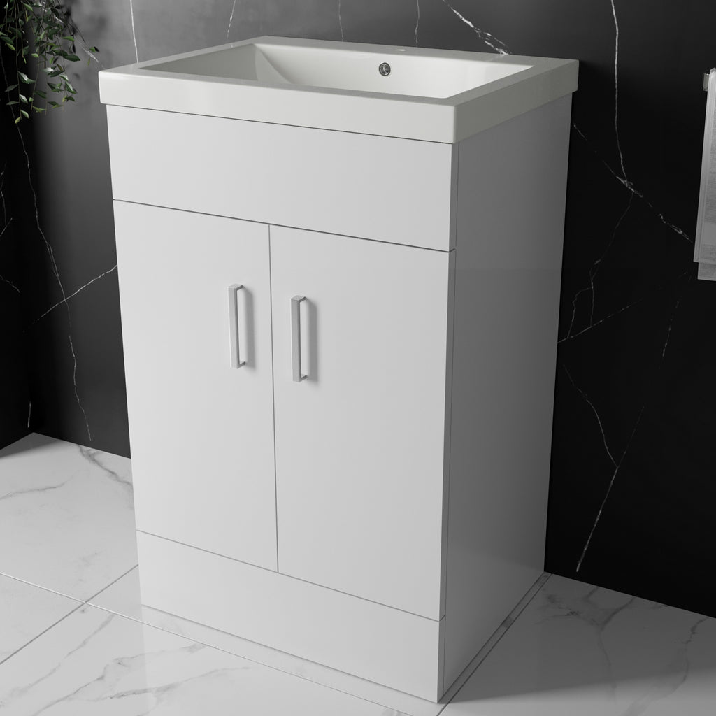 600mm Floor Standing Vanity Unit & Basin Storage Cabinet with Soft Close Doors Gloss White