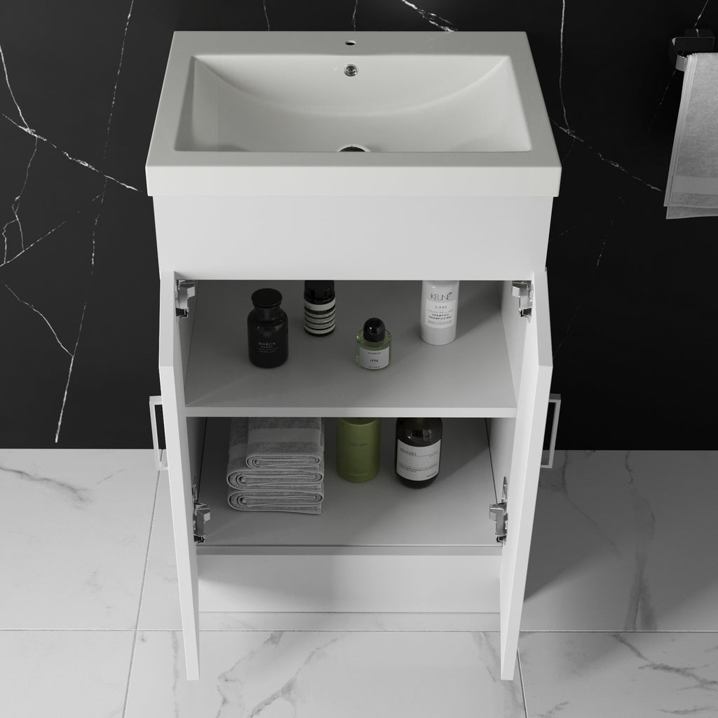 600mm Floor Standing Vanity Unit & Basin Storage Cabinet with Soft Close Doors Gloss White