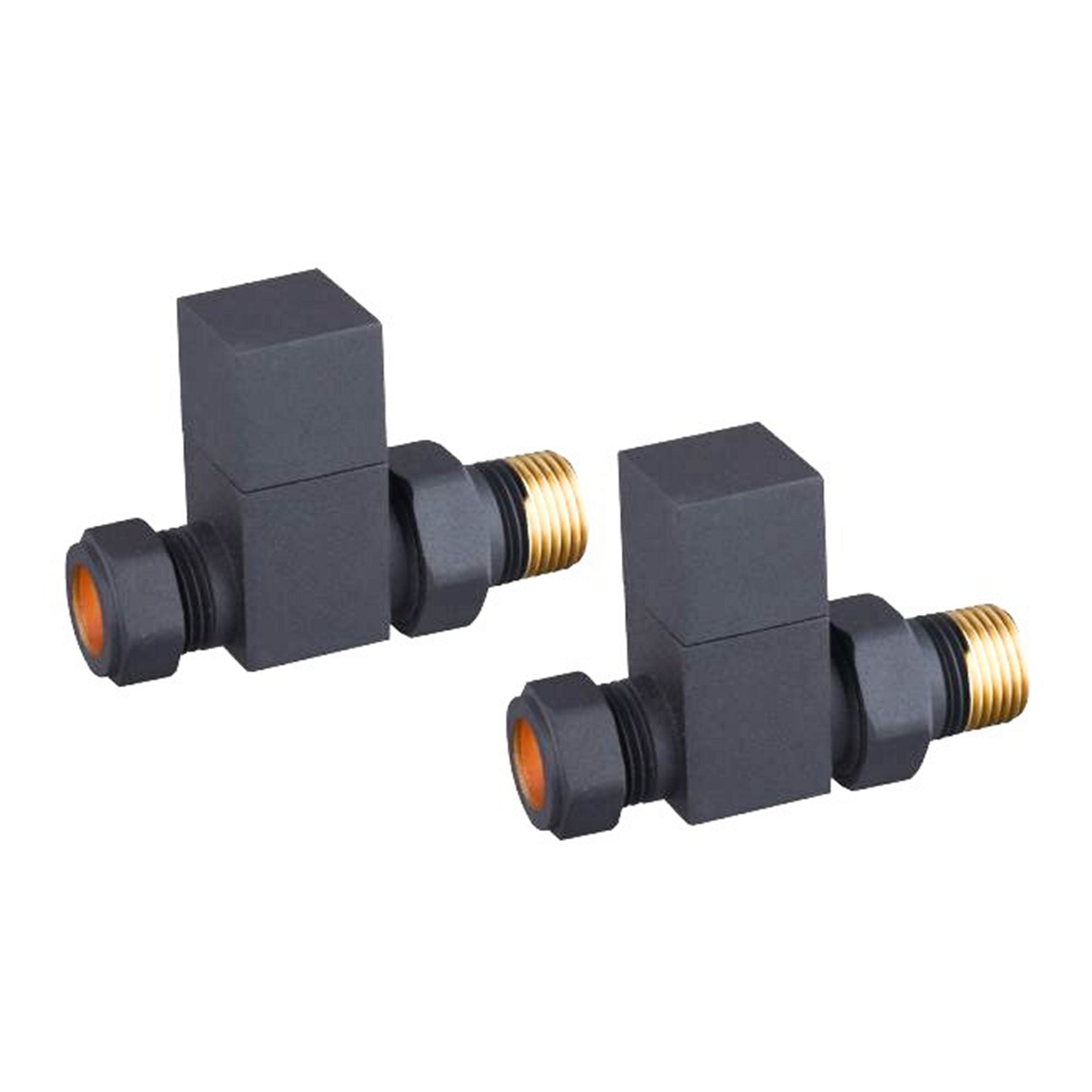 Anthracite Square Manual Radiator Valves - 15mm Compression to 1/2 inch BSP - Pair