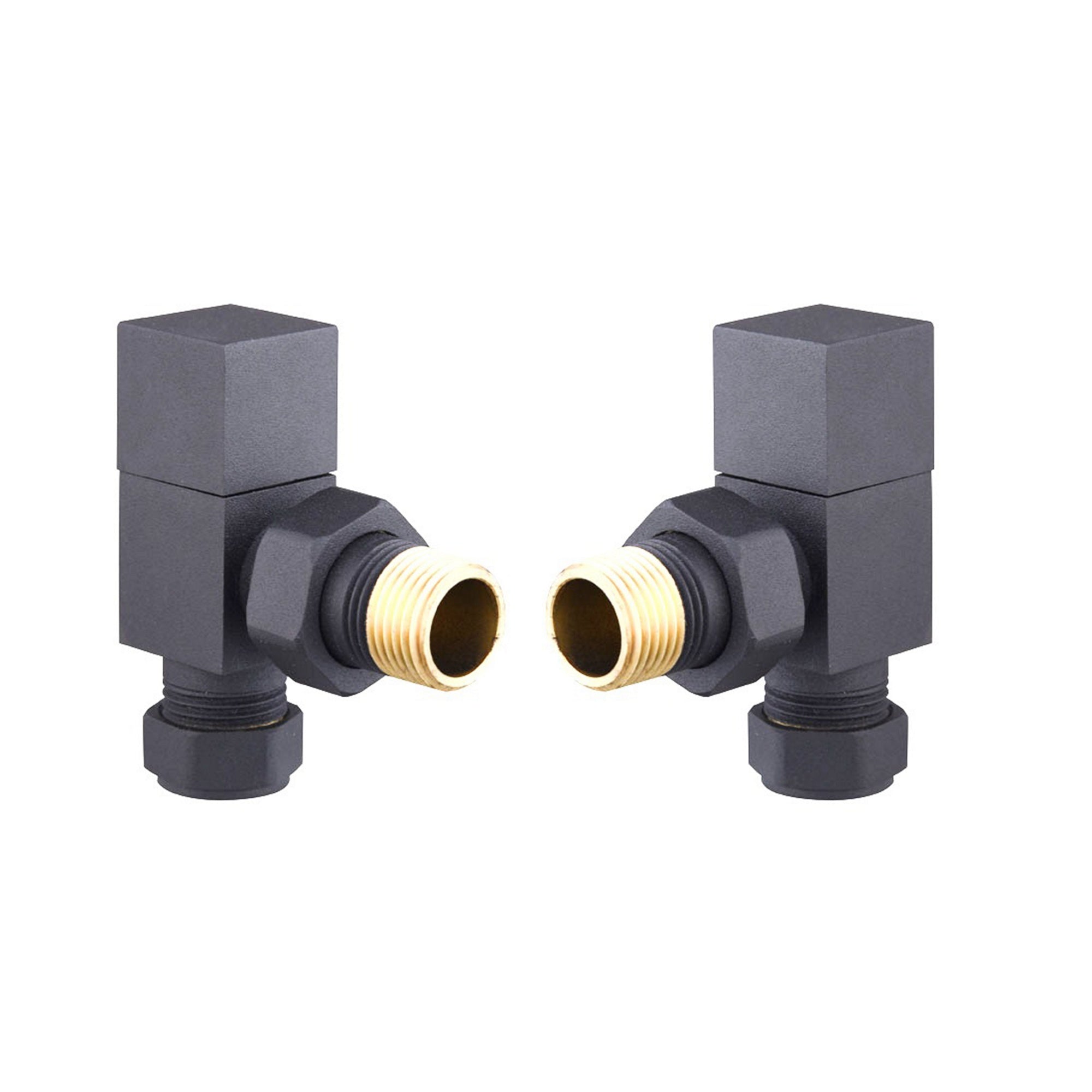 Modern Square Angled Manual Radiator Valve Set - 15mm x 1/2" BSP - Matt Anthracite