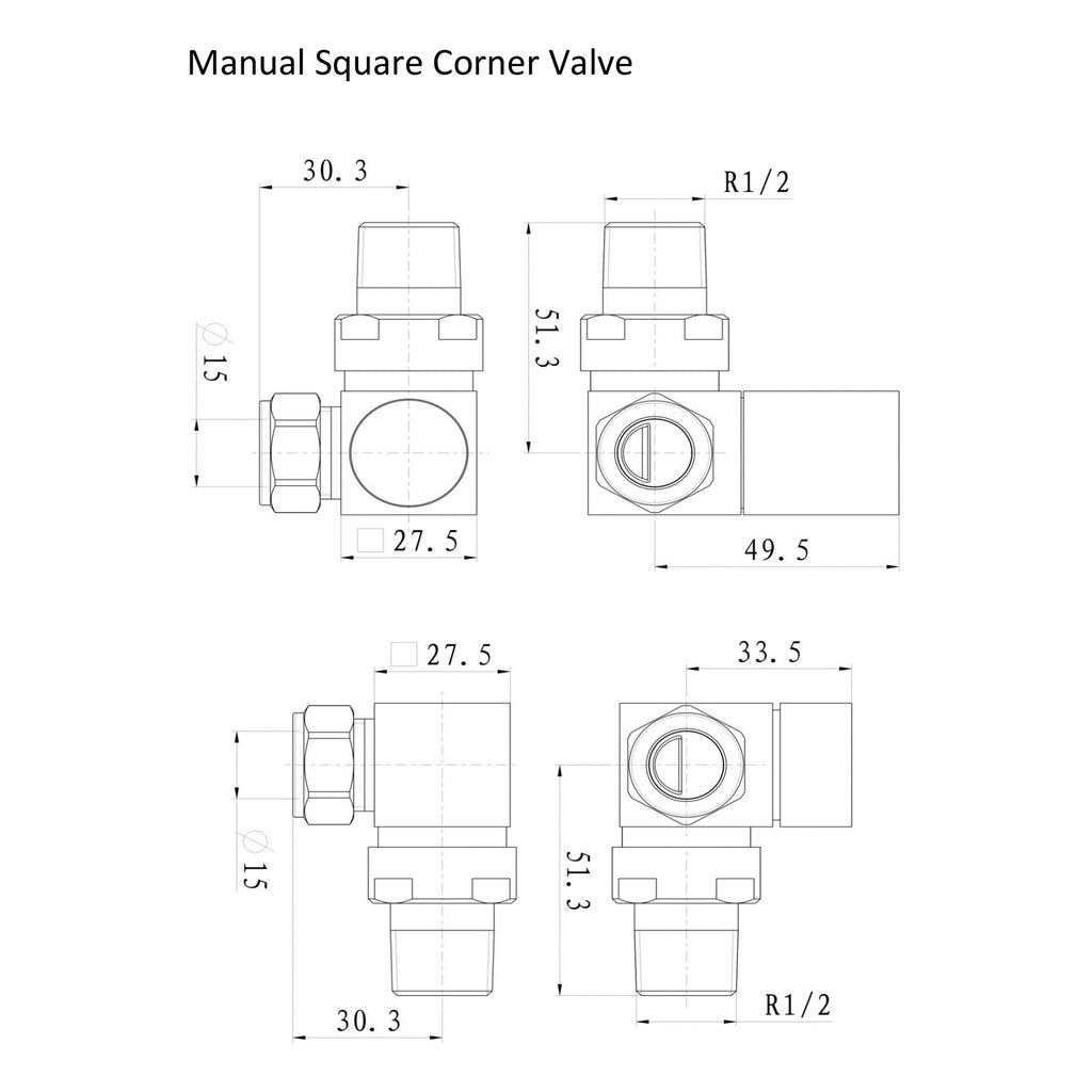 FNX Bathrooms Manual Square Corner Radiator Valve Set - 15mm Compression x 1/2" BSP - Matt Basalt Grey