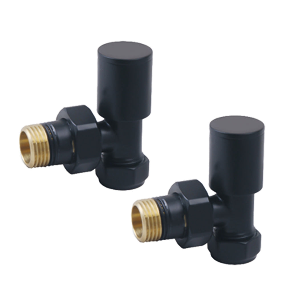 FNX Bathrooms Matt Black Manual Angled Radiator Valve Pair - Round Top, 15mm Compression x 1/2" BSP