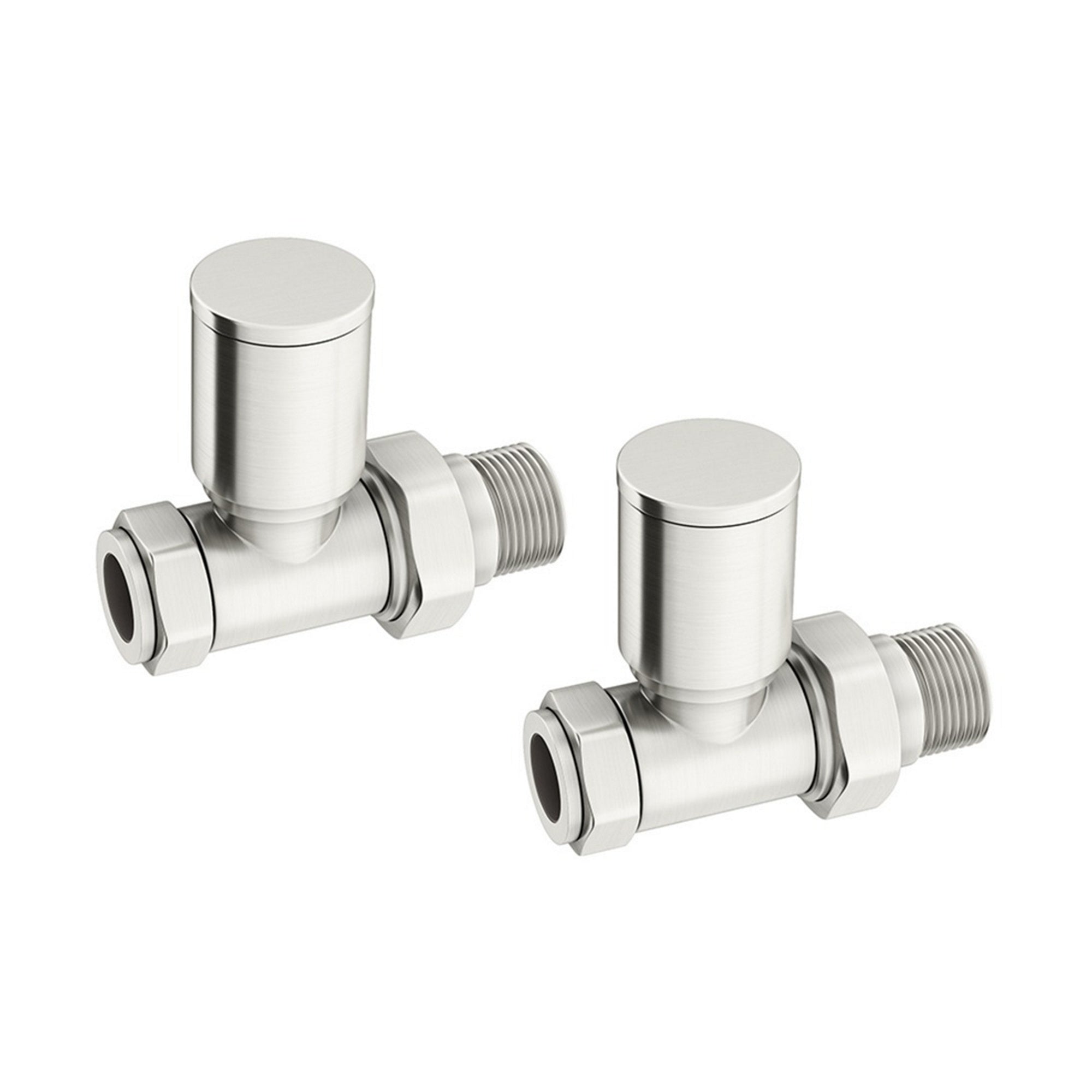 FNX Bathrooms Round Straight Manual Radiator Valve Set, 15mm x 1/2" BSP, Brushed Nickel