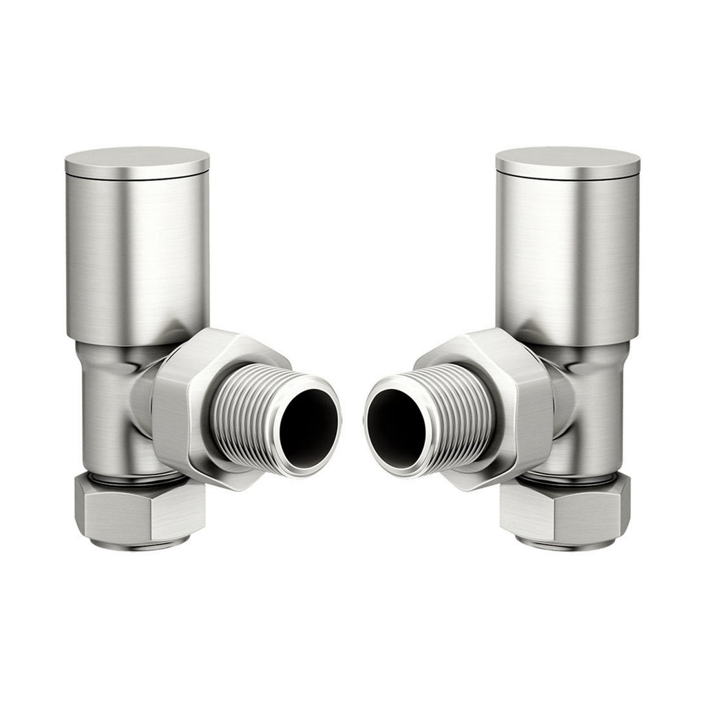 Manual Angled Radiator Valves 15mm x 1/2" BSP - Round Brushed Nickel Pair for Radiators & Towel Rails