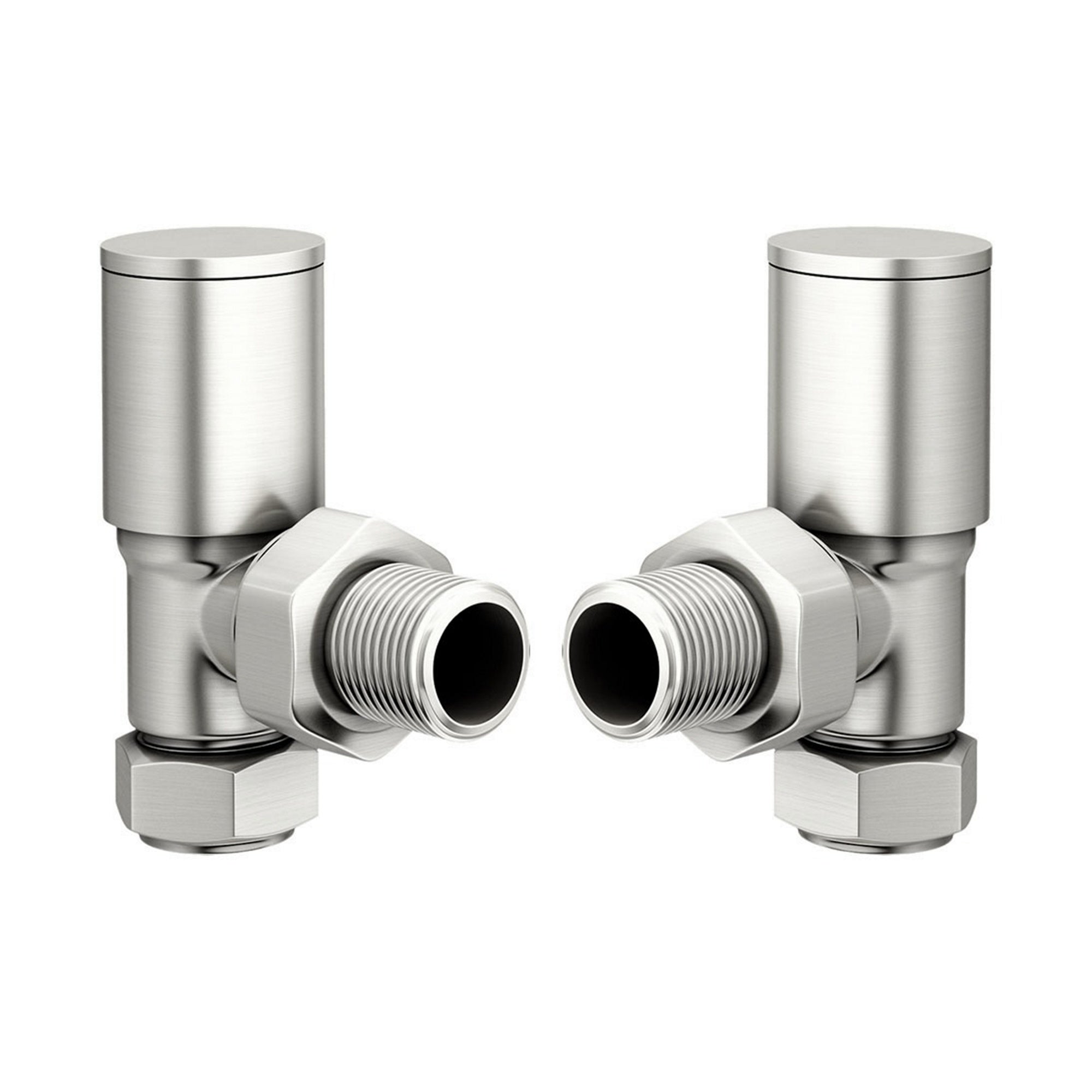Manual Angled Radiator Valves 15mm x 1/2" BSP - Round Brushed Nickel Pair for Radiators & Towel Rails