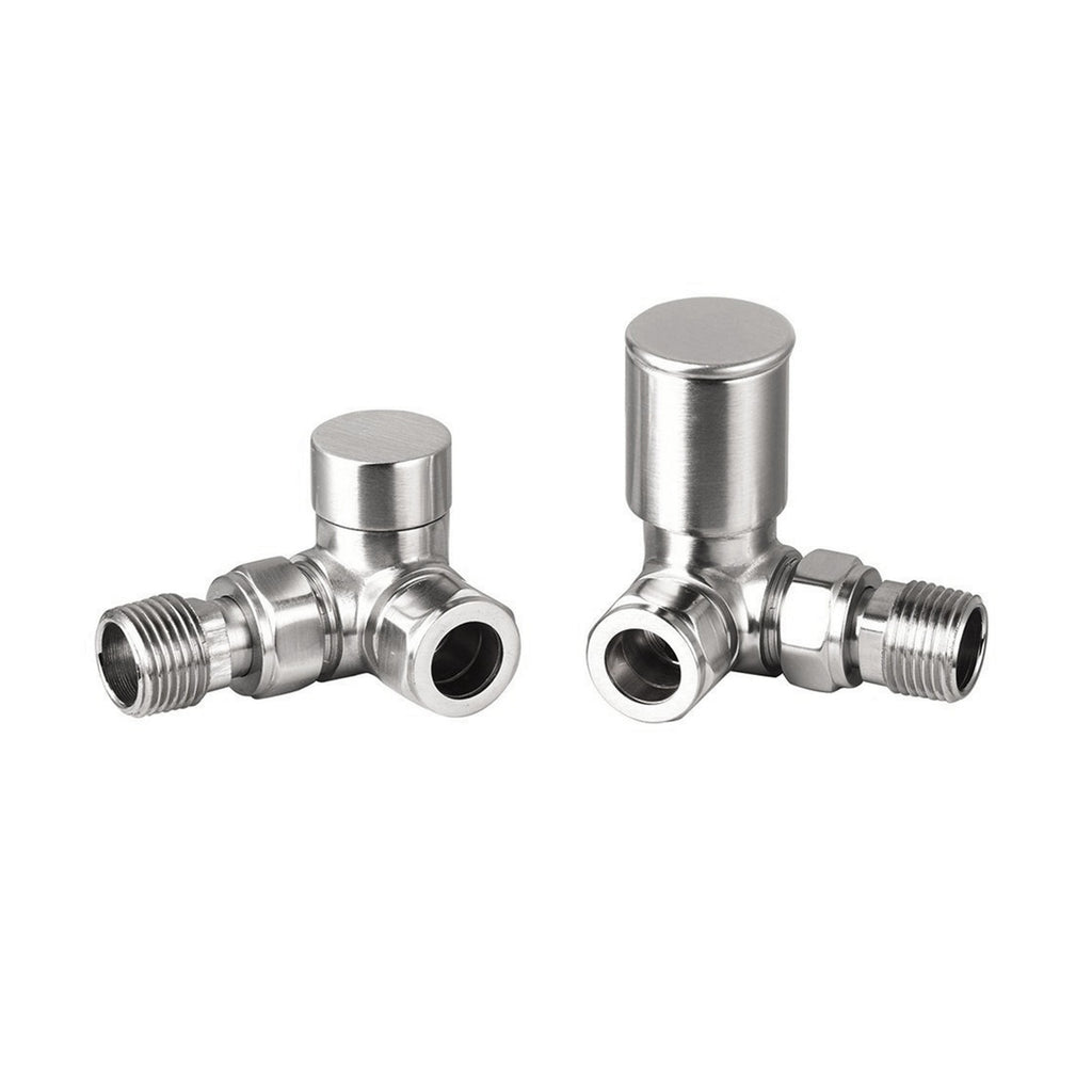 Brushed Nickel Manual Radiator Valves, Round Corner, 15mm Compression x 1/2" BSP Thread, Pair