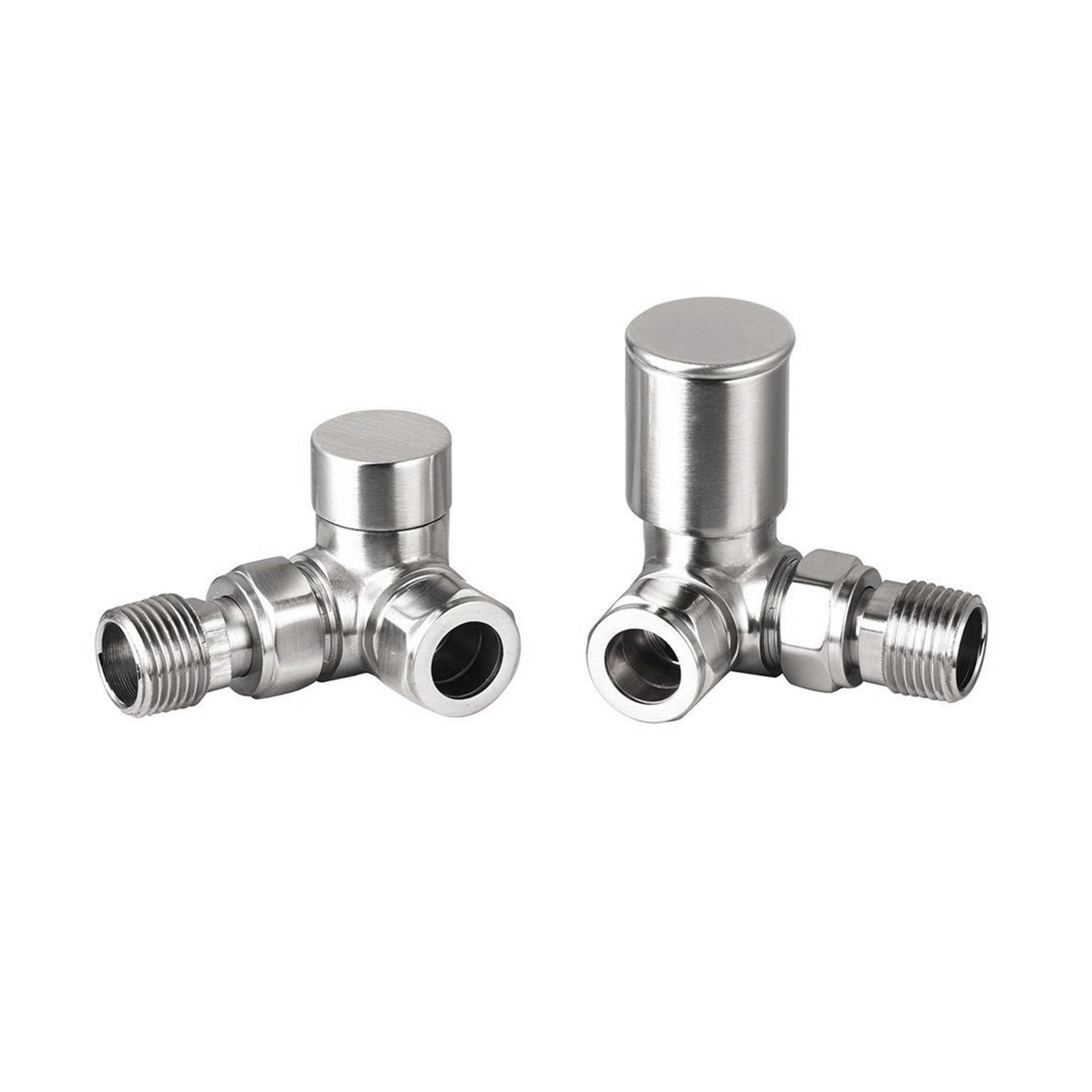 Brushed Nickel Manual Radiator Valves, Round Corner, 15mm Compression x 1/2" BSP Thread, Pair