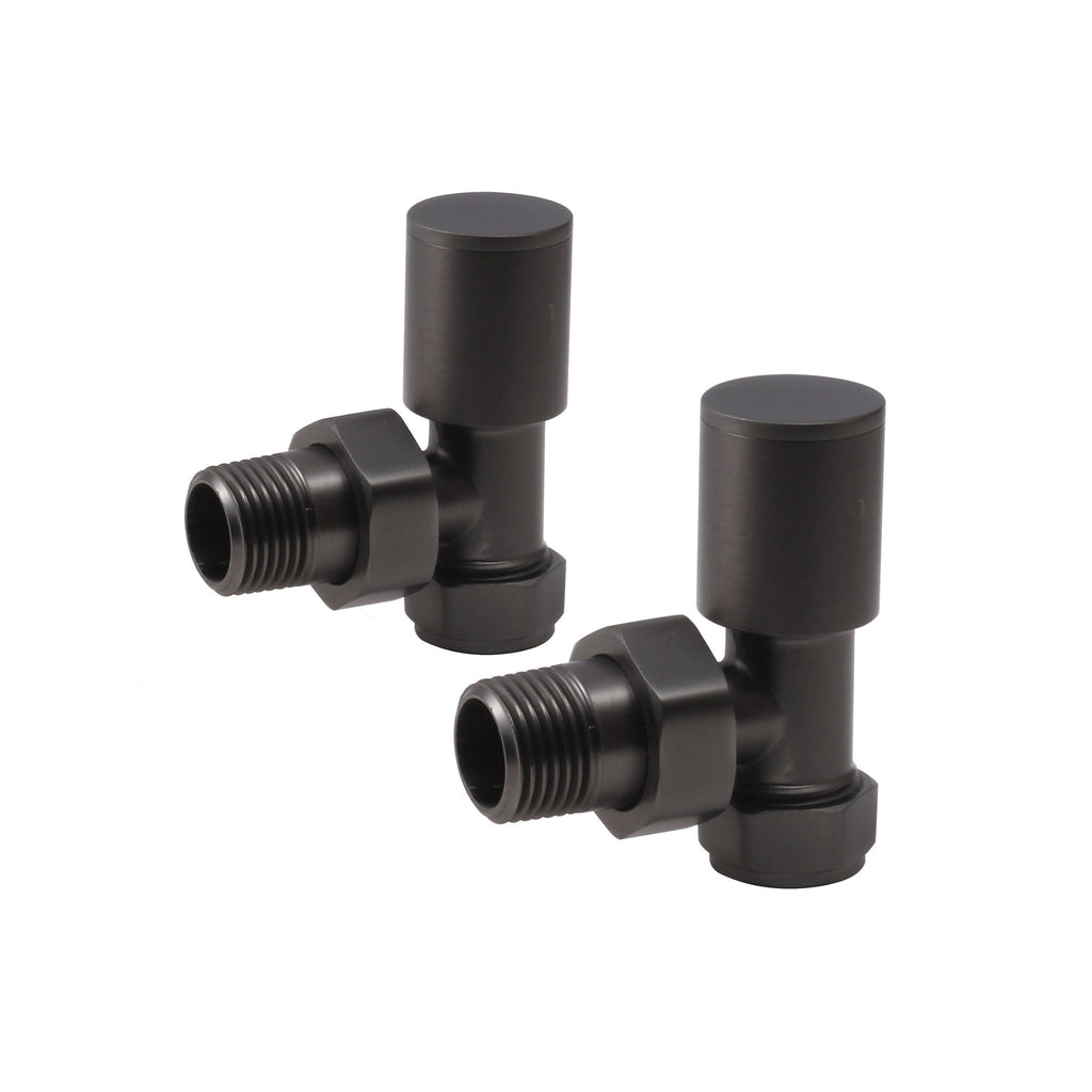 Brushed Gunmetal Manual Radiator Valve Pair - Round Angled - 15mm Compression x 1/2" BSP