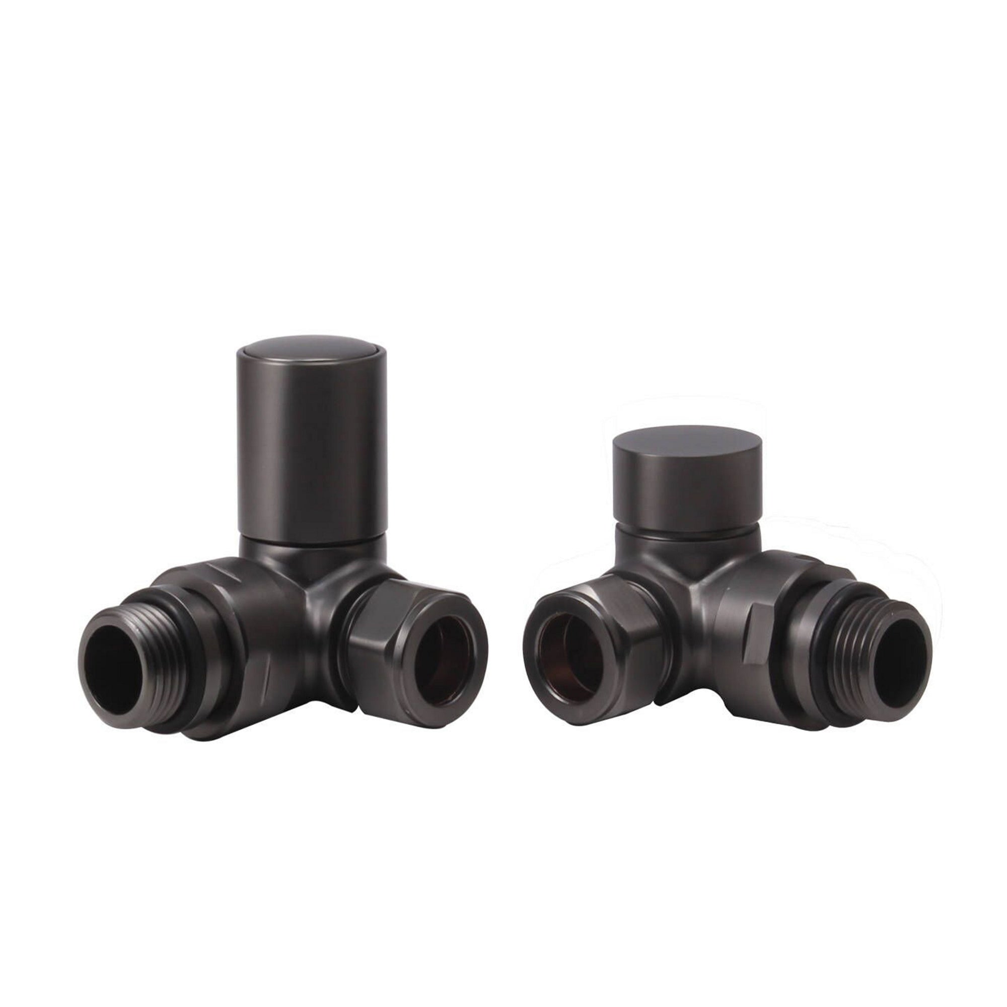 FNX Modern Brushed Gunmetal Round Corner Manual Radiator Valve Set - 15mm Pipe x 1/2" BSP
