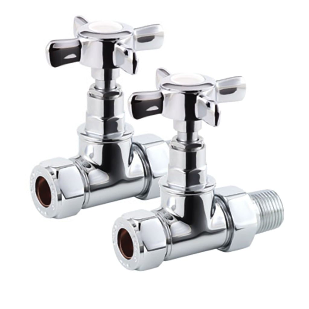 Crosshead Straight Manual Radiator Valves 15mm & 1/2" BSP - Polished Chrome Pair