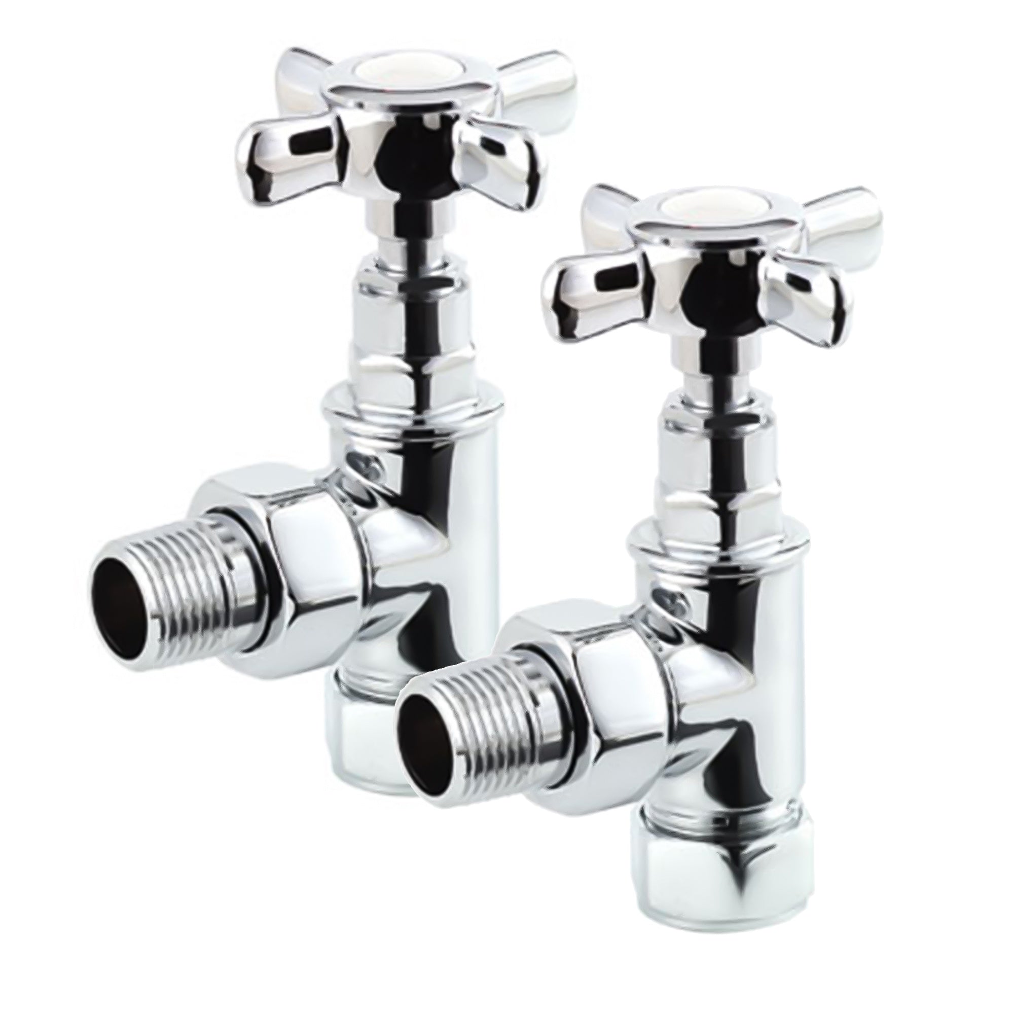 Polished Chrome Manual Crosshead Angled Radiator Valve Pair - 15mm Compression x 1/2" BSP