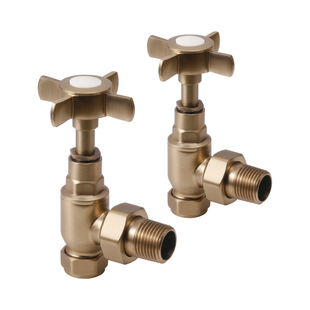 Brushed Brass Manual Crosshead Angled Radiator Valves - 15mm Compression x R 1/2" Thread