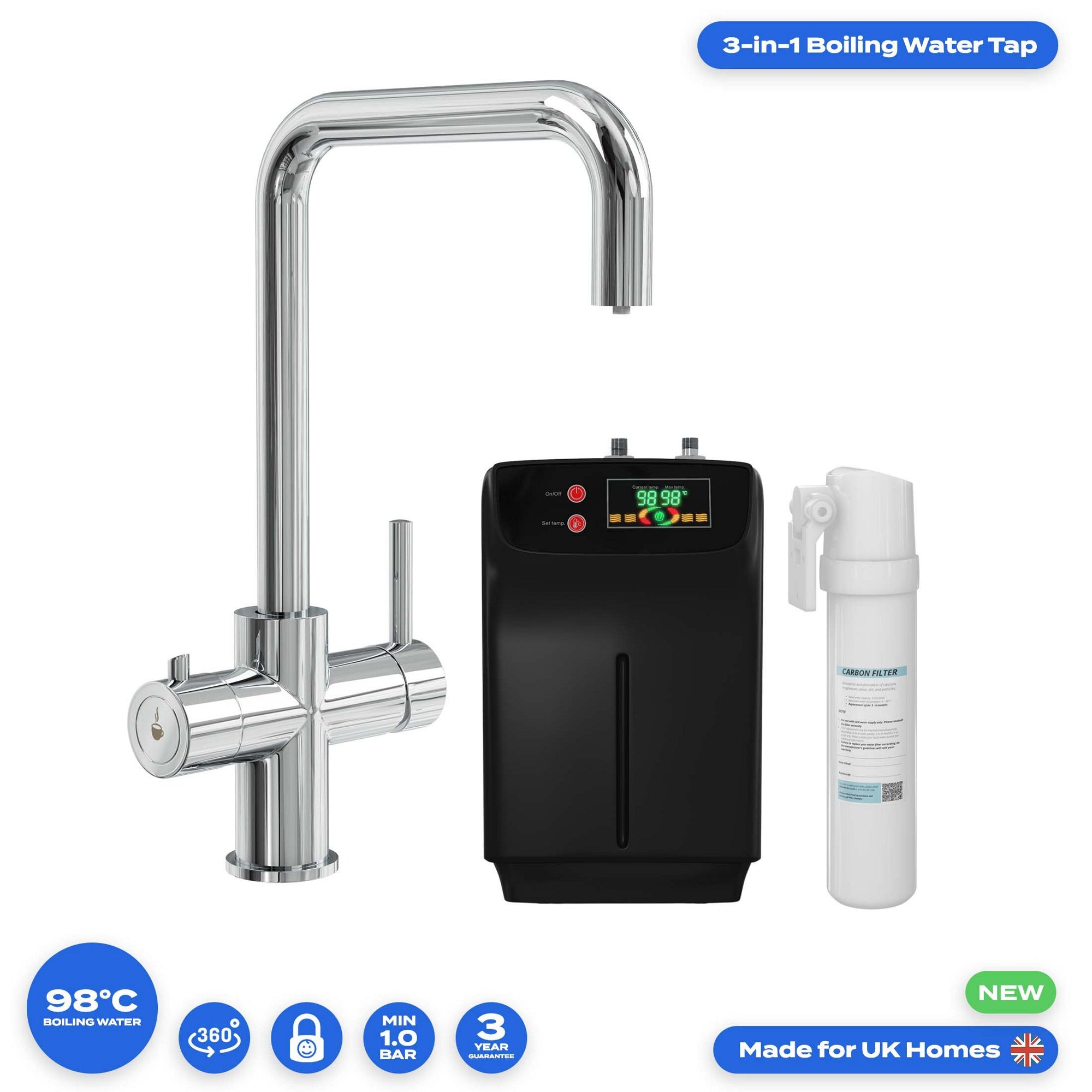 3-in-1 Chrome Boiling Water Kitchen Tap with Child Lock 2.4L Boiler 360 Swivel Spout