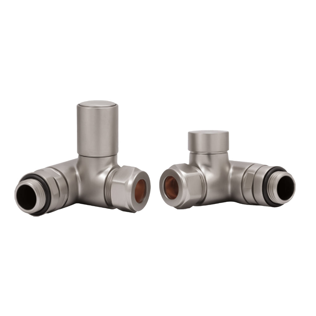Brushed Nickel Dual Fuel Corner Radiator Valve Set - Manual 1/2" BSP x 15mm Compression