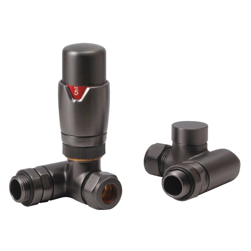 FNX Bathrooms Dual Fuel Thermostatic Radiator Valve Set, Brushed Gunmetal Corner TRV, 1/2" x 15mm Compression