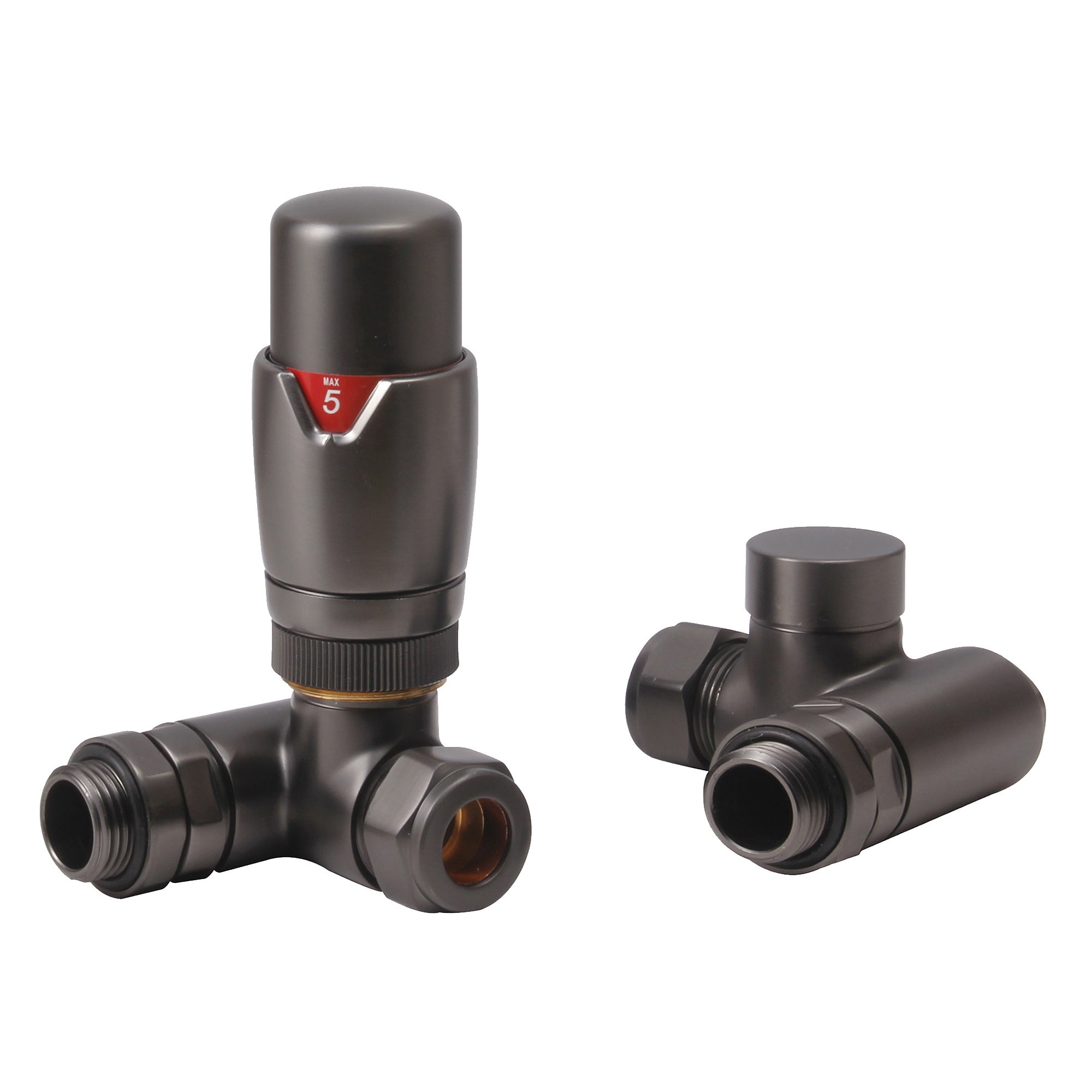 FNX Bathrooms Dual Fuel Thermostatic Radiator Valve Set, Brushed Gunmetal Corner TRV, 1/2" x 15mm Compression