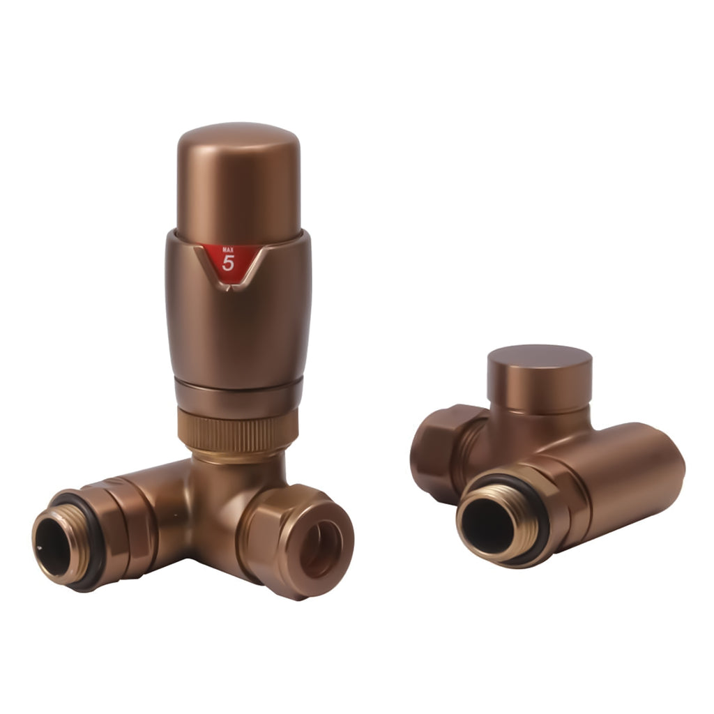 FNX Bathrooms Dual Fuel Thermostatic Radiator Valve Set, Brushed Bronze Corner, 1/2" x 15mm