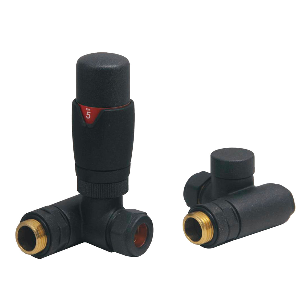 FNX Bathrooms Premium Dual Fuel Anthracite Thermostatic Corner Radiator Valve & Lockshield Set 1/2" x 15mm