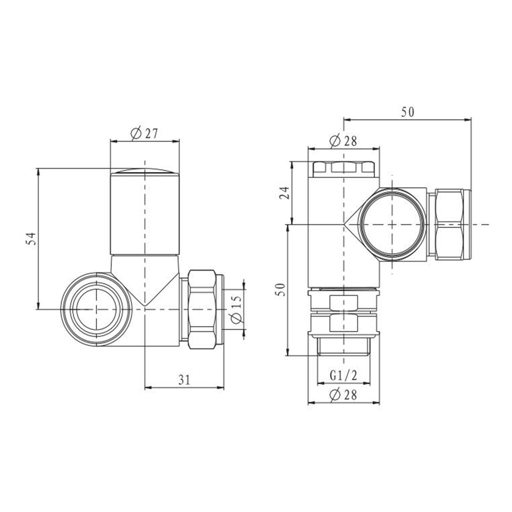 Dual Fuel Manual Corner Radiator Valve Set - White, 1/2" BSP x 15mm Brass Compression Connection