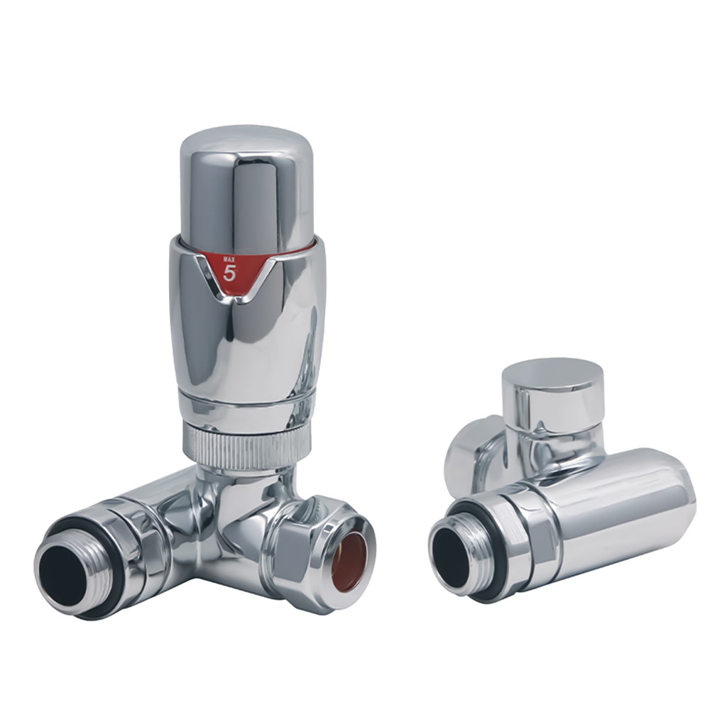 FNX Bathrooms Dual Fuel Thermostatic Radiator Valve & Lockshield Set, Polished Chrome Corner, 1/2" x 15mm Compression
