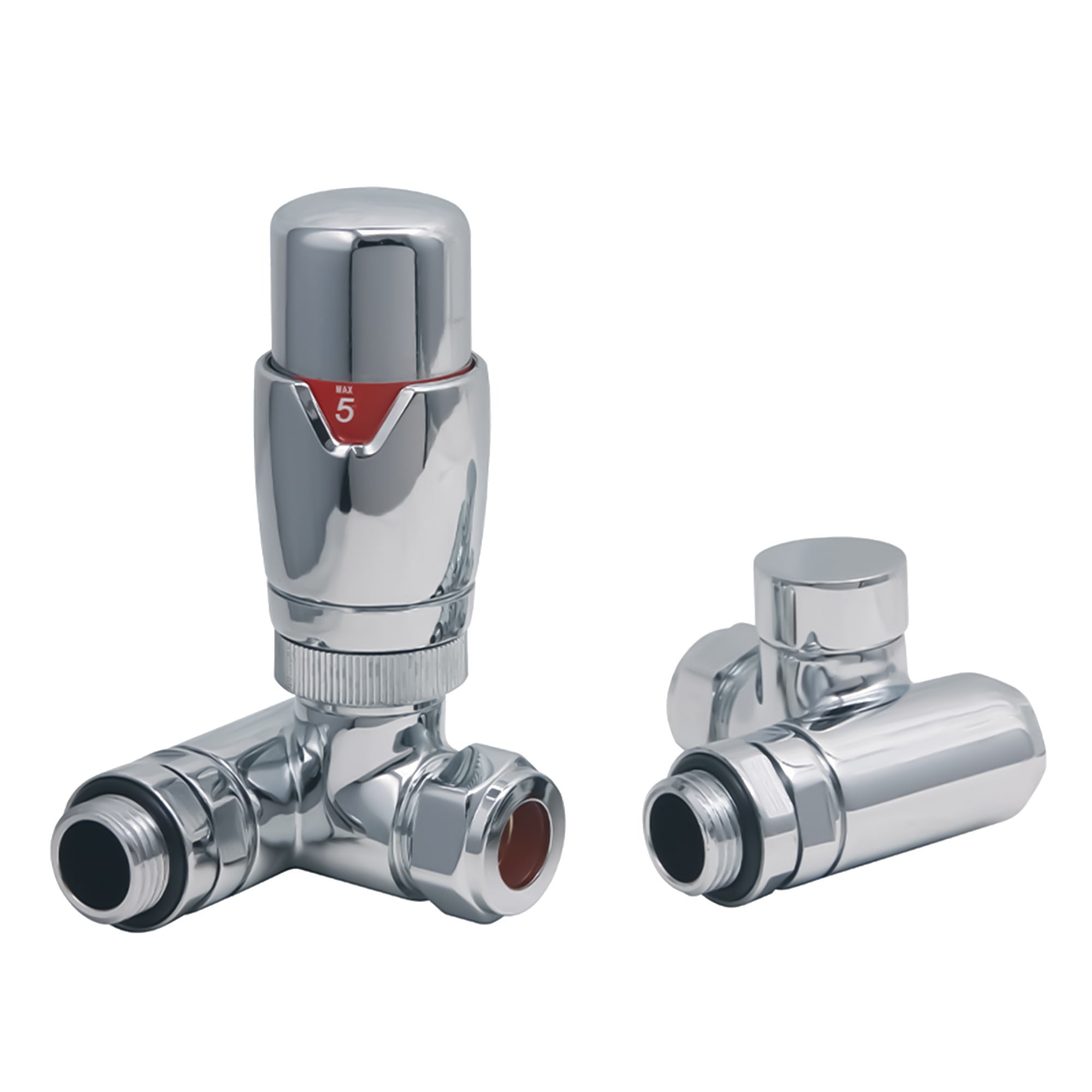 FNX Bathrooms Dual Fuel Thermostatic Radiator Valve & Lockshield Set, Polished Chrome Corner, 1/2" x 15mm Compression