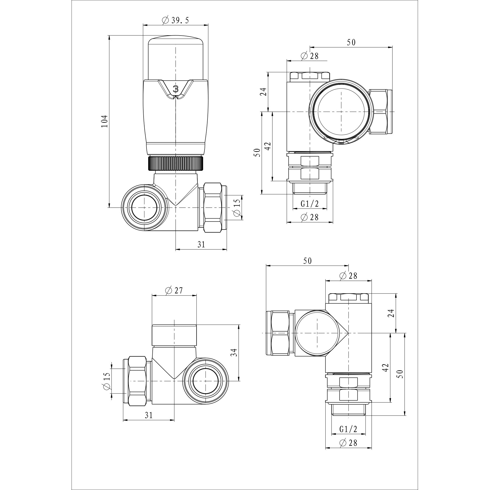 FNX Bathrooms Dual Fuel Thermostatic Radiator Valve & Lockshield Set, Polished Chrome Corner, 1/2" x 15mm Compression