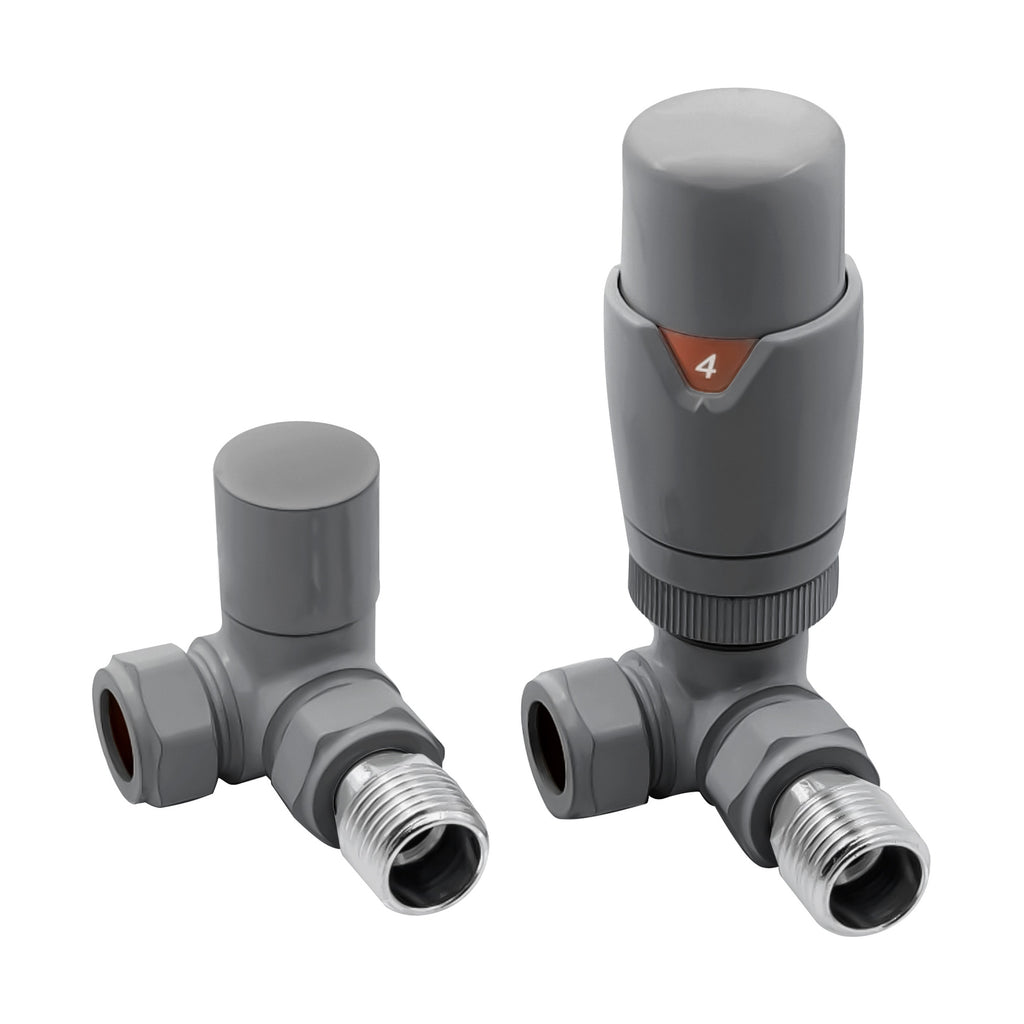 FNX Matt Grey RAL 7012 Thermostatic Radiator Valve & Lockshield Set - Corner 15mm x 1/2" TRV