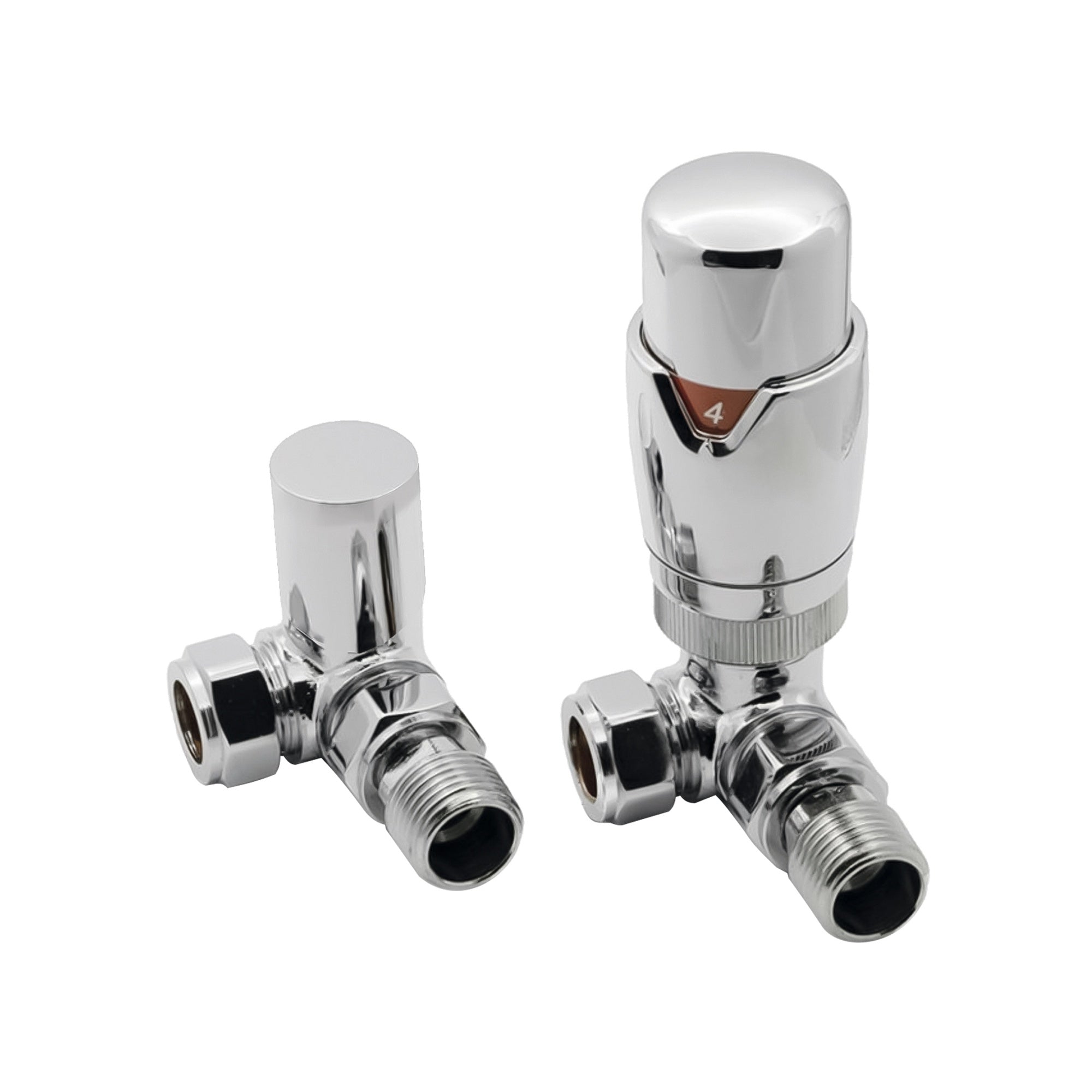 Chrome Thermostatic Radiator Valve (TRV) Corner, 15mm Compression & 1/2 Inch BSP with Lockshield