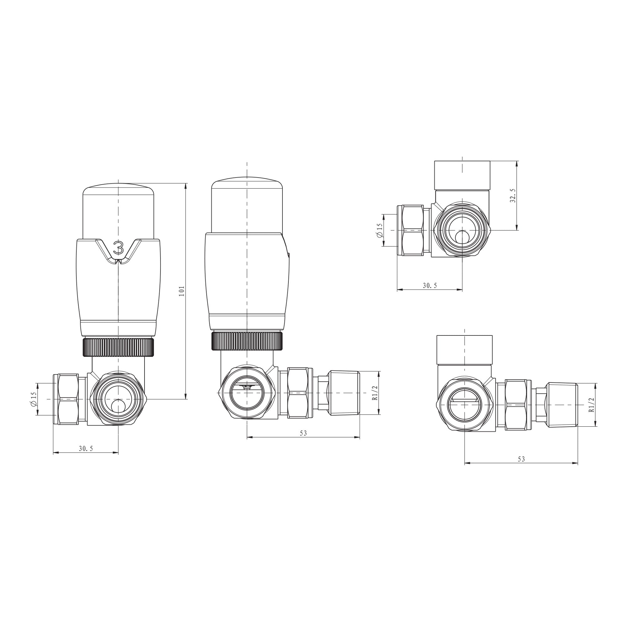 Chrome Thermostatic Radiator Valve (TRV) Corner, 15mm Compression & 1/2 Inch BSP with Lockshield