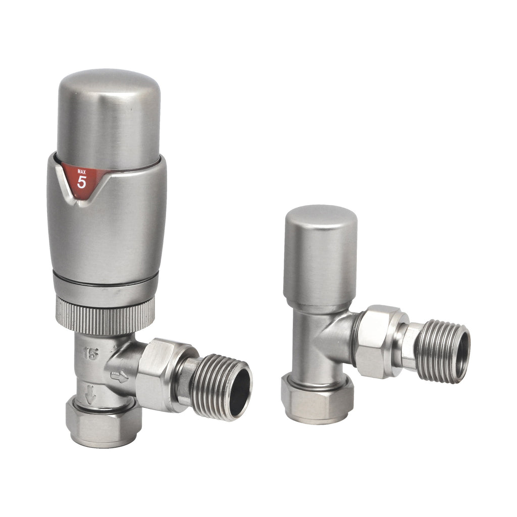 Brushed Nickel Angled Thermostatic Radiator Valve (TRV) with Lockshield, 15mm x 1/2", Energy Efficient
