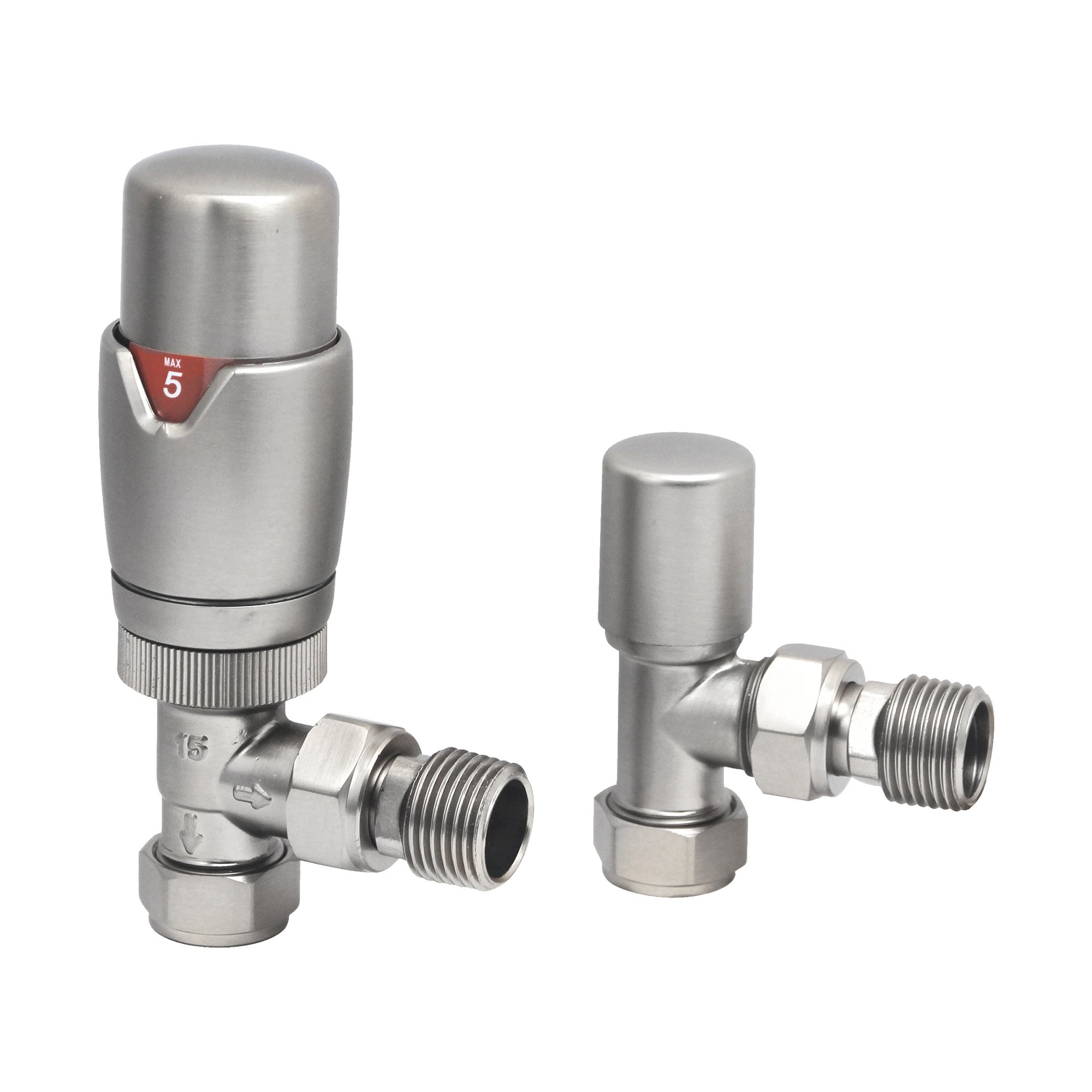 Brushed Nickel Angled Thermostatic Radiator Valve (TRV) with Lockshield, 15mm x 1/2", Energy Efficient