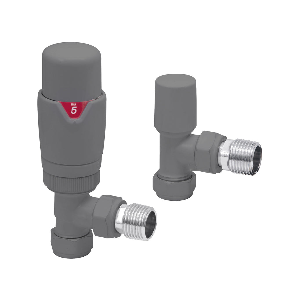 FNX Anthracite Grey Angled Thermostatic Radiator Valve (TRV) & Lockshield - 15mm x 1/2" BSP Connection