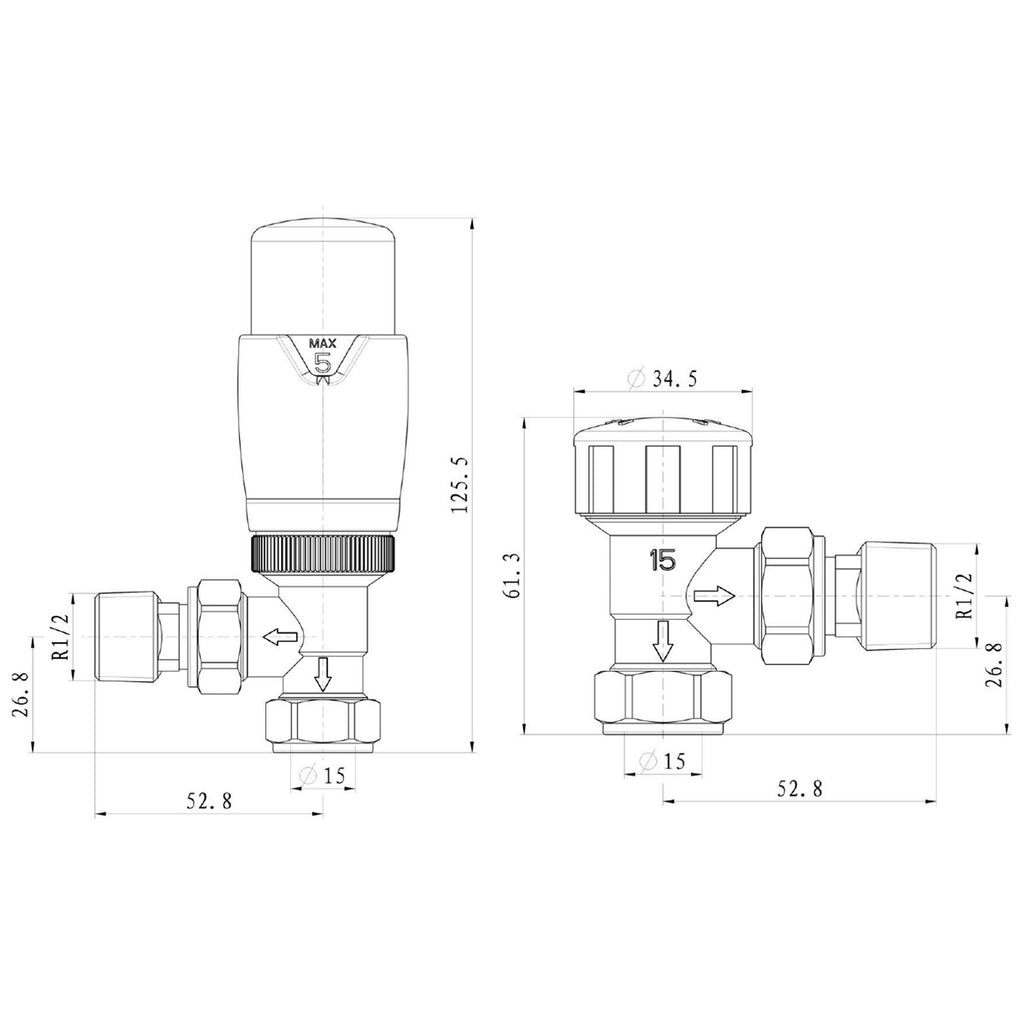 FNX Anthracite Grey Angled Thermostatic Radiator Valve (TRV) & Lockshield - 15mm x 1/2" BSP Connection