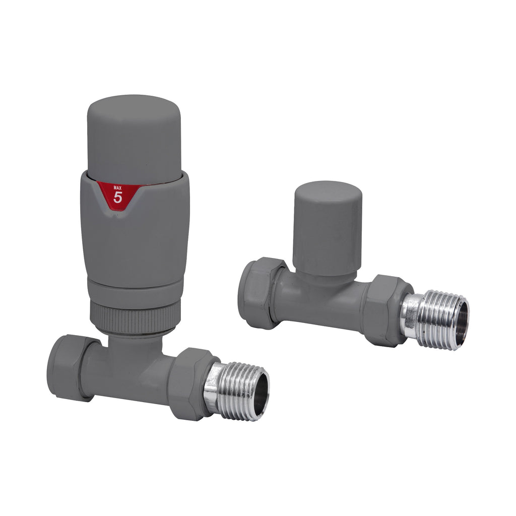 FNX Bathrooms RAL 7012 Grey Straight Thermostatic Radiator Valve (TRV) with Lockshield - 15mm x 1/2" BSP