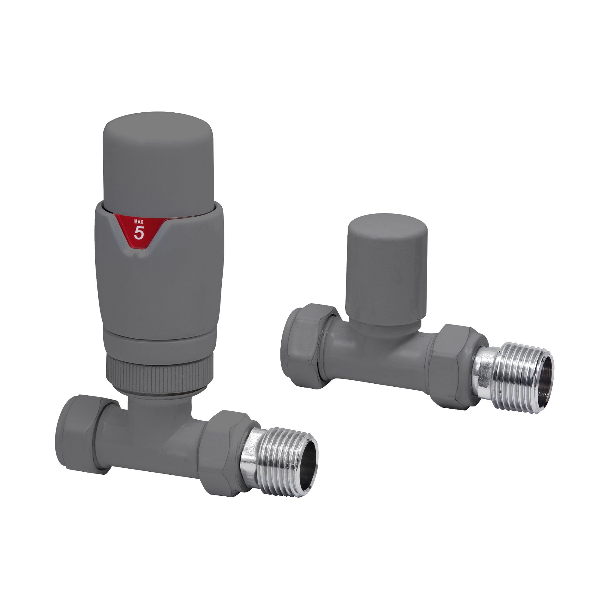 FNX Bathrooms RAL 7012 Grey Straight Thermostatic Radiator Valve (TRV) with Lockshield - 15mm x 1/2" BSP