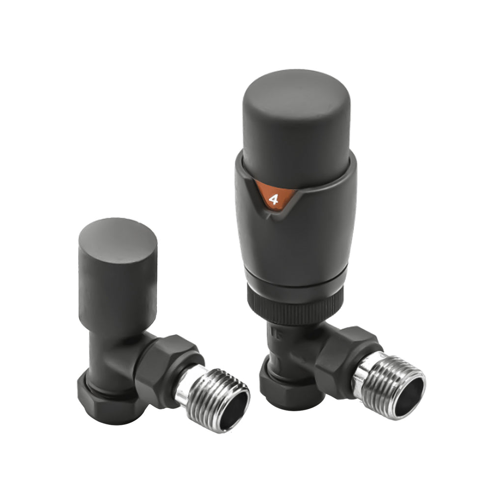 Anthracite Angled Thermostatic Radiator Valve (TRV) with Lockshield - 15mm x 1/2" BSP Brass